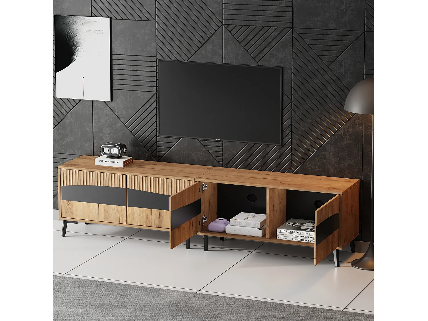 Meuble TV moderne - 180 x 40 x 50cm - avec 4 portes - design symétrique - aggloméré - naturel