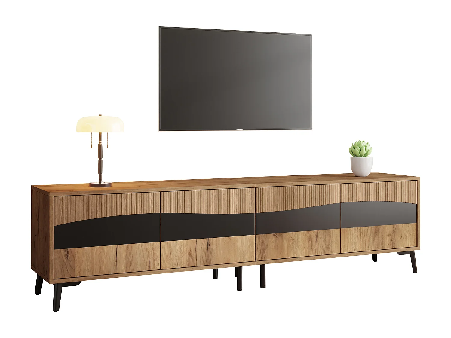 Meuble TV moderne - 180 x 40 x 50cm - avec 4 portes - design symétrique - aggloméré - naturel