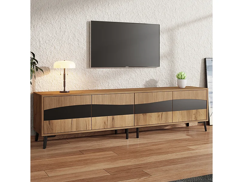 Meuble TV moderne - 180 x 40 x 50cm - avec 4 portes - design symétrique - aggloméré - naturel