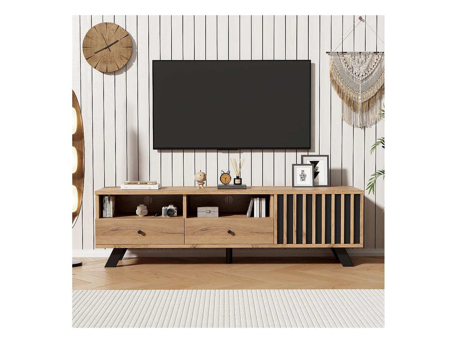 Szafka RTV - 150 x 38 x 44 cm - z 2 szufladami + 1 drzwiami - odpowiednia do telewizorów 60 cali - płyta wiórowa - kolor naturalny