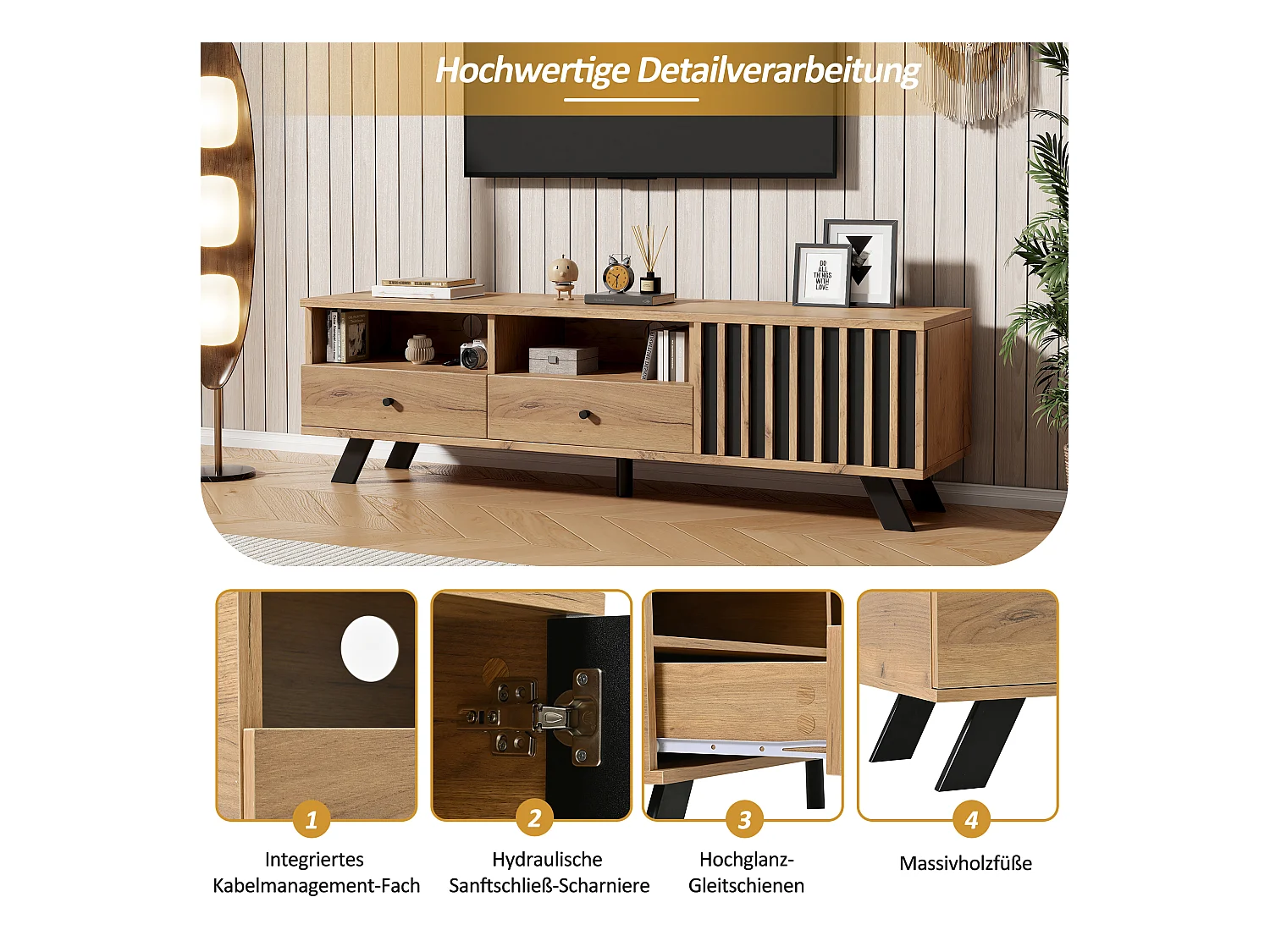 Szafka RTV - 150 x 38 x 44 cm - z 2 szufladami + 1 drzwiami - odpowiednia do telewizorów 60 cali - płyta wiórowa - kolor naturalny