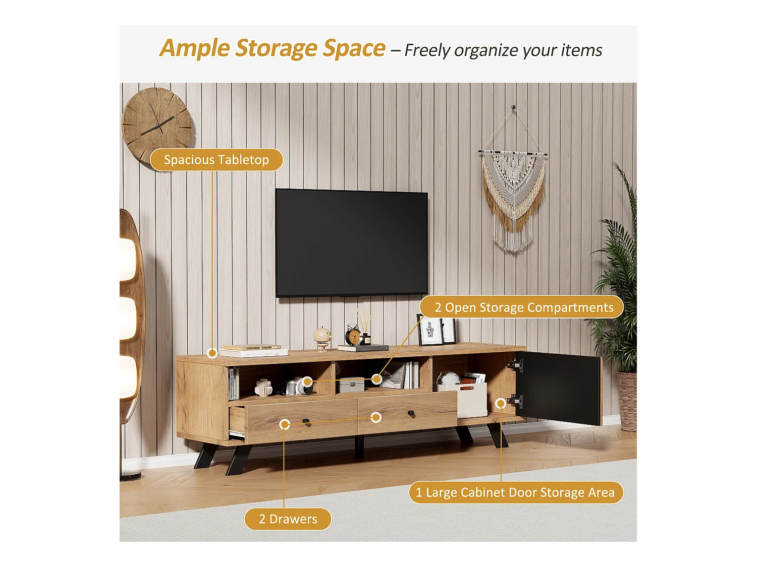 Szafka RTV - 150 x 38 x 44 cm - z 2 szufladami + 1 drzwiami - odpowiednia do telewizorów 60 cali - płyta wiórowa - kolor naturalny