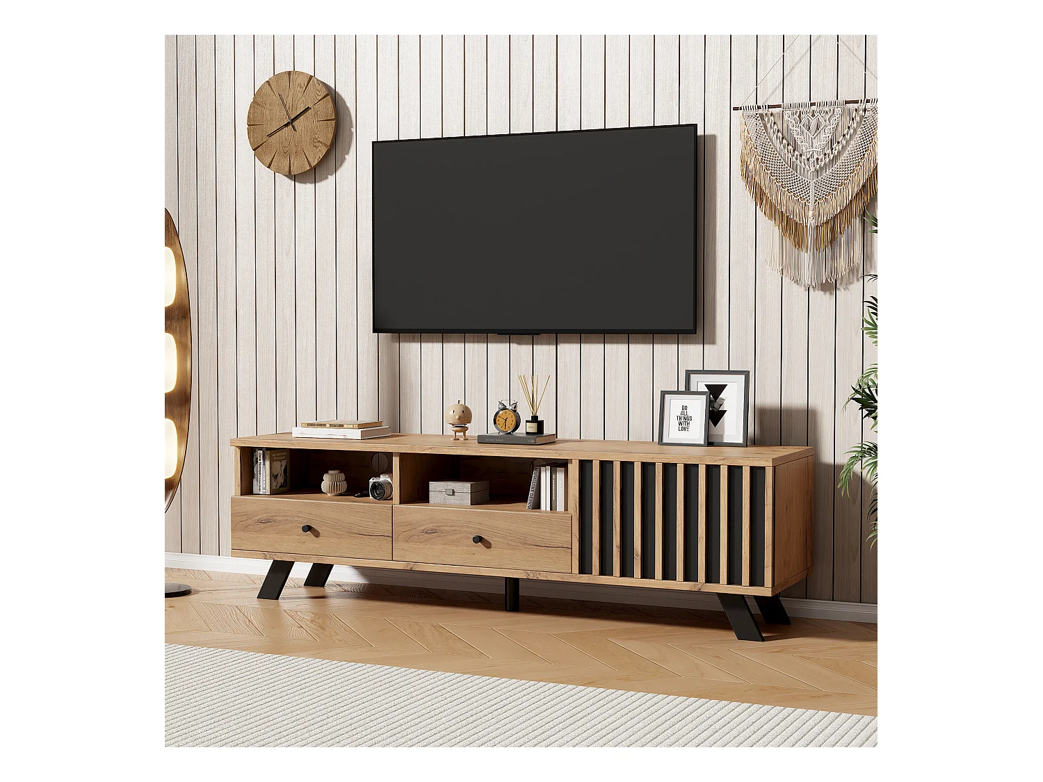 TV-Schrank - 150 x 38 x 44 cm - mit 2 Schubladen + 1 Tür - passend für 60 Zoll Fernseher - Spanplatte - Natur
