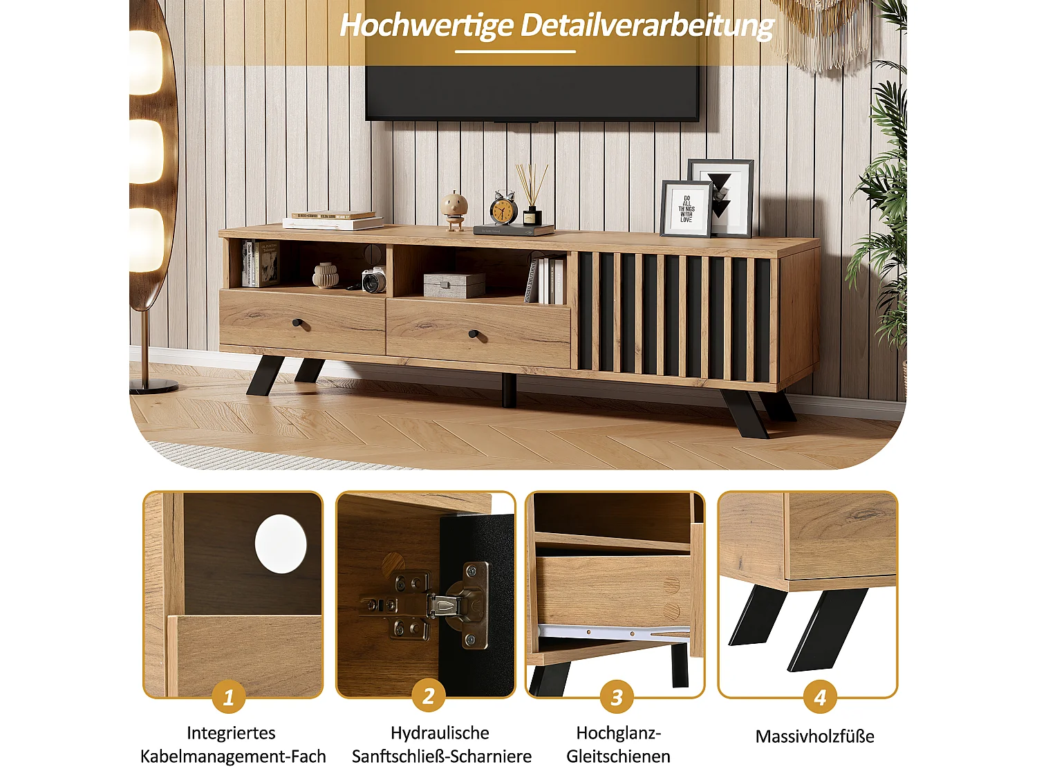 Meuble TV - 150 x 38 x 44 cm - avec 2 tiroirs + 1 porte - adapté aux TV 60 pouces - aggloméré - naturel