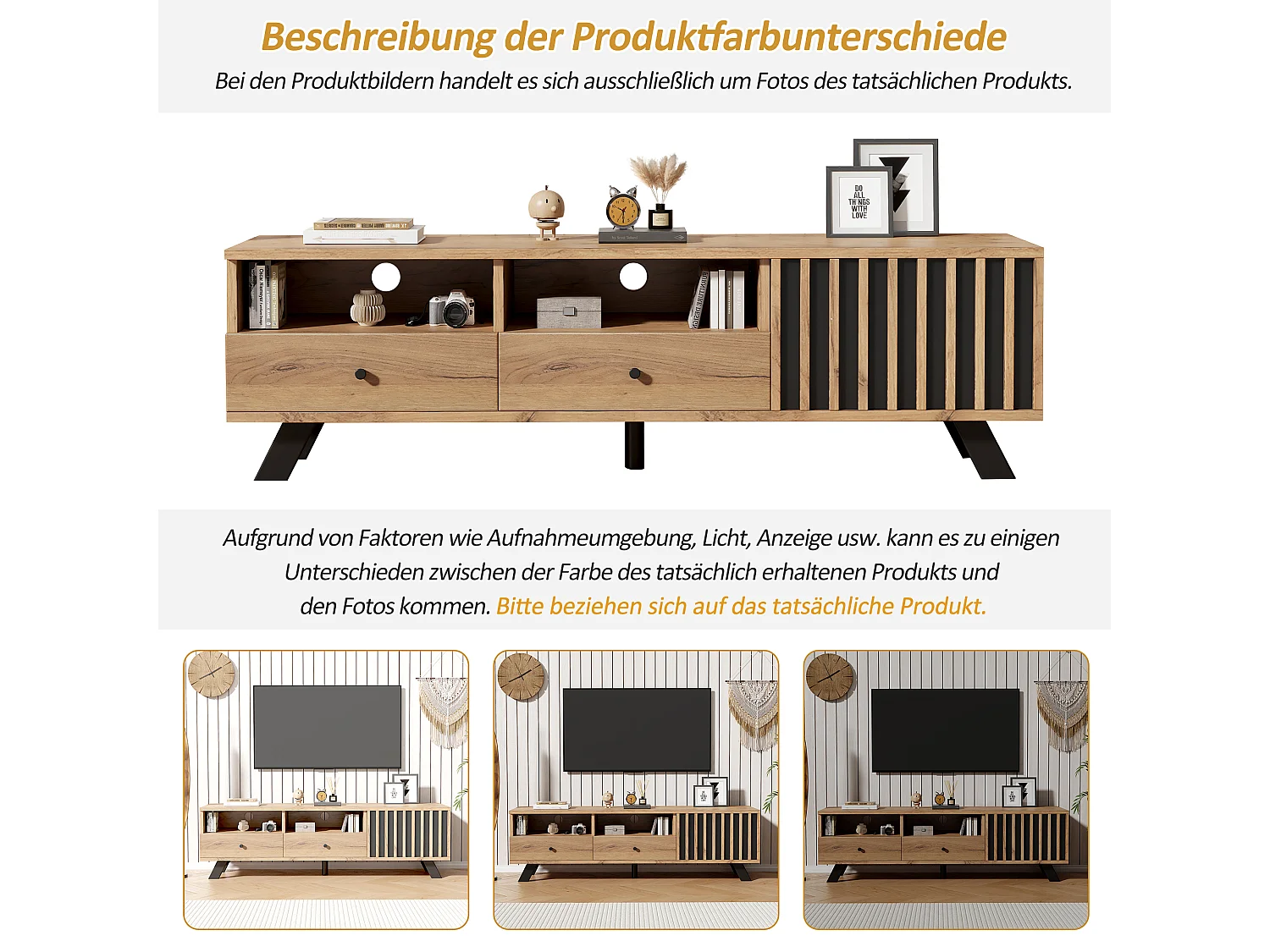 Meuble TV - 150 x 38 x 44 cm - avec 2 tiroirs + 1 porte - adapté aux TV 60 pouces - aggloméré - naturel