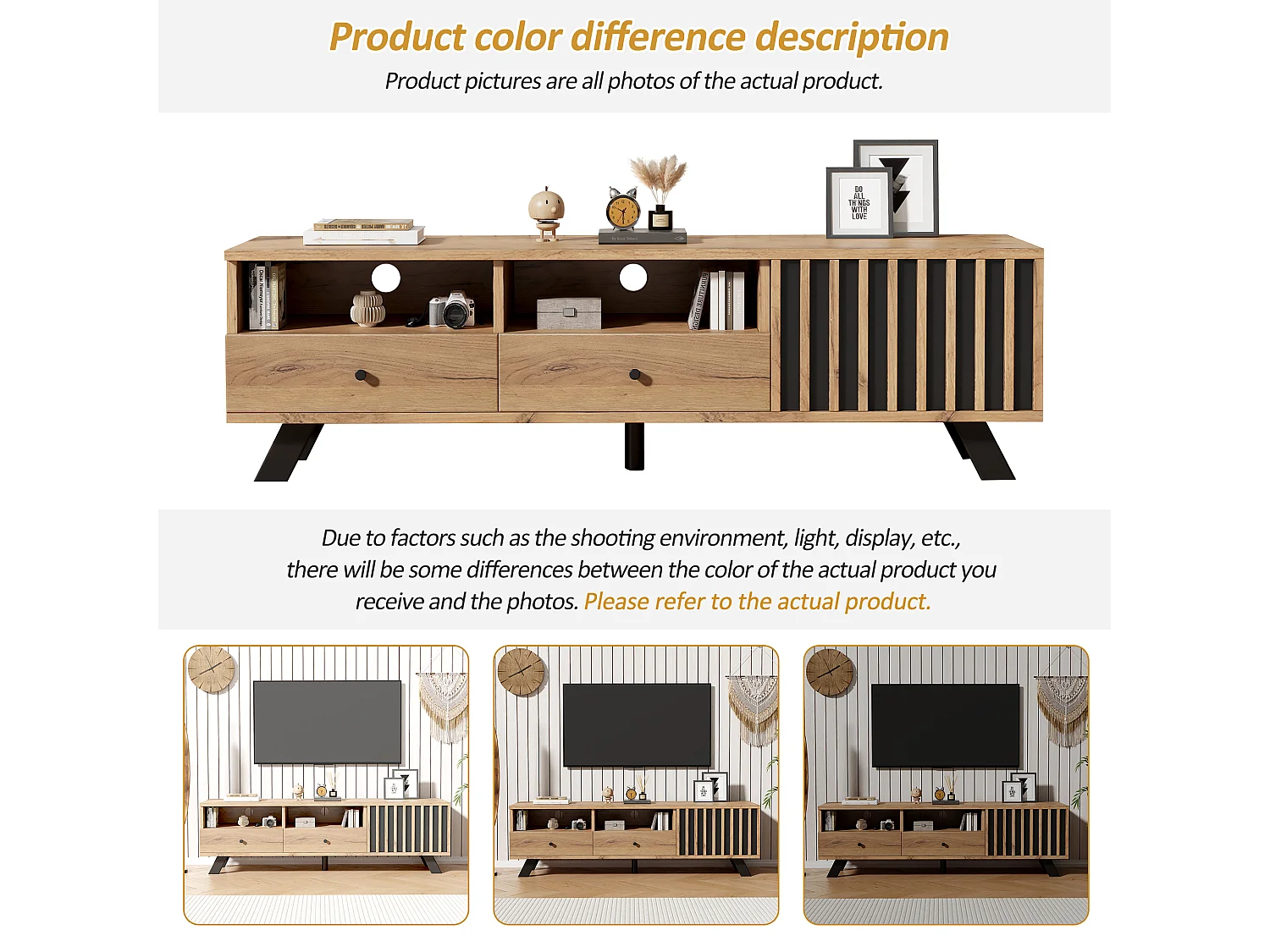 Meuble TV - 150 x 38 x 44 cm - avec 2 tiroirs + 1 porte - adapté aux TV 60 pouces - aggloméré - naturel