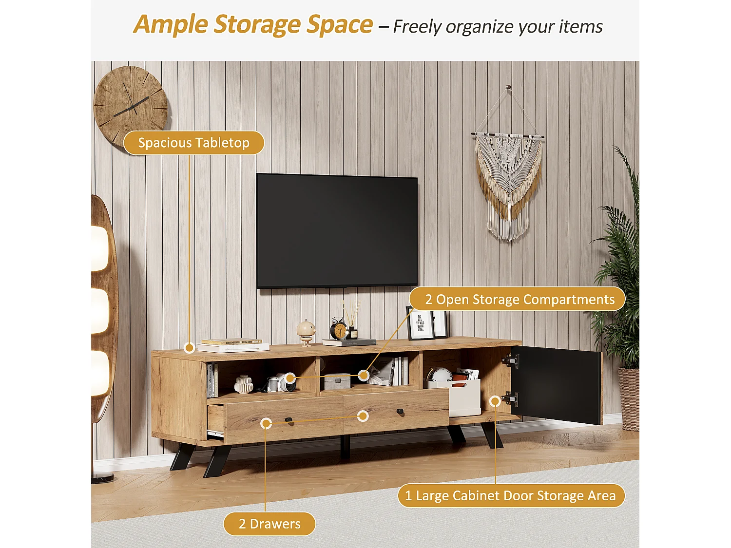 Meuble TV - 150 x 38 x 44 cm - avec 2 tiroirs + 1 porte - adapté aux TV 60 pouces - aggloméré - naturel