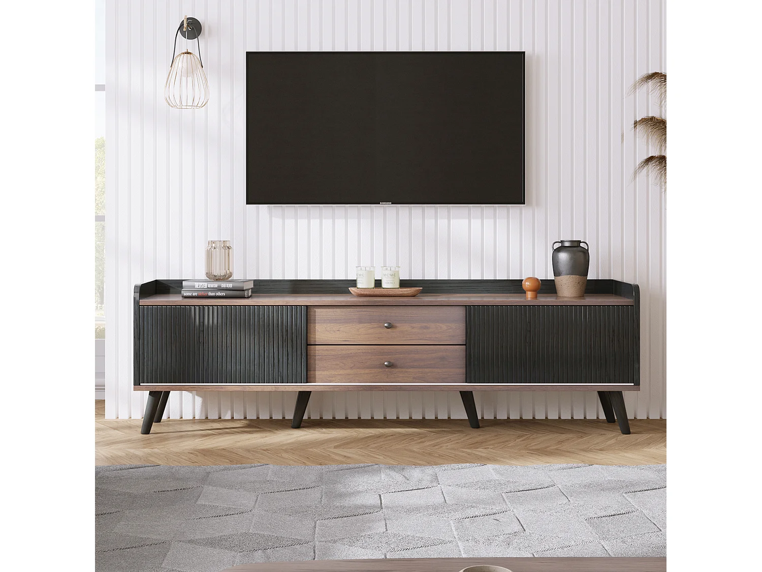 Mueble de TV con 2 cajones y 2 puertas correderas - estilo moderno - aglomerado - negro + negro