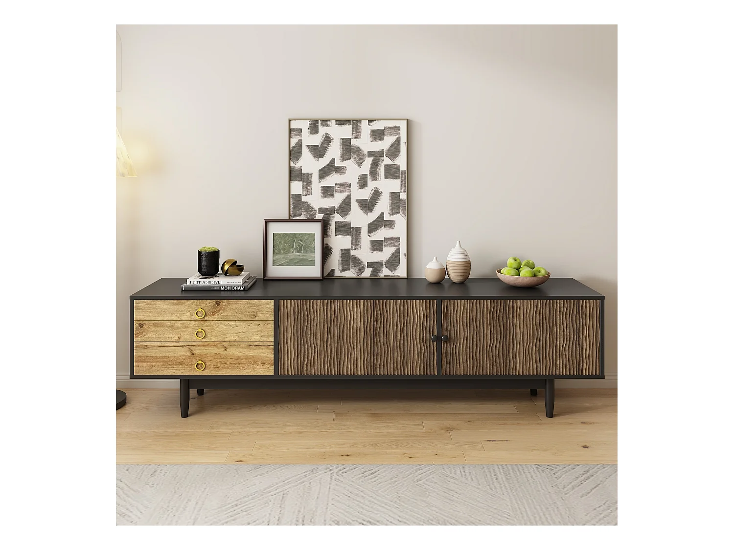 Meuble TV avec panneaux à vagues, 3 tiroirs, design en bois et noir, MDF (180x38x50 cm)