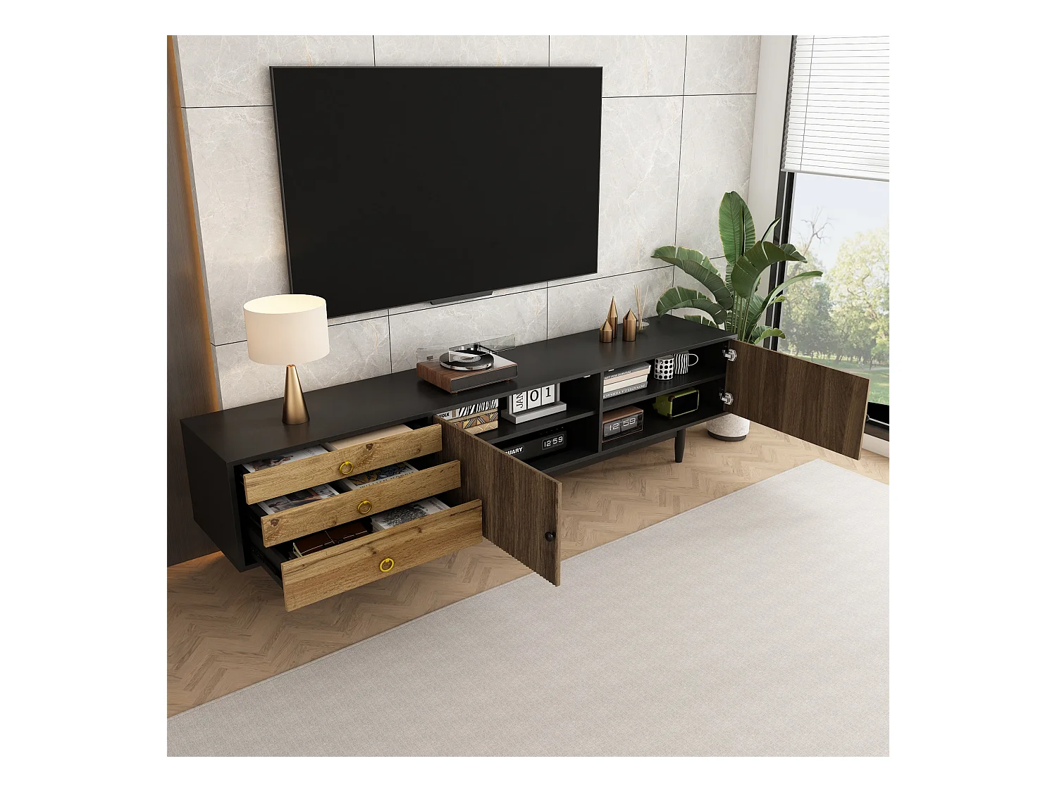 Meuble TV avec panneaux à vagues, 3 tiroirs, design en bois et noir, MDF (180x38x50 cm)