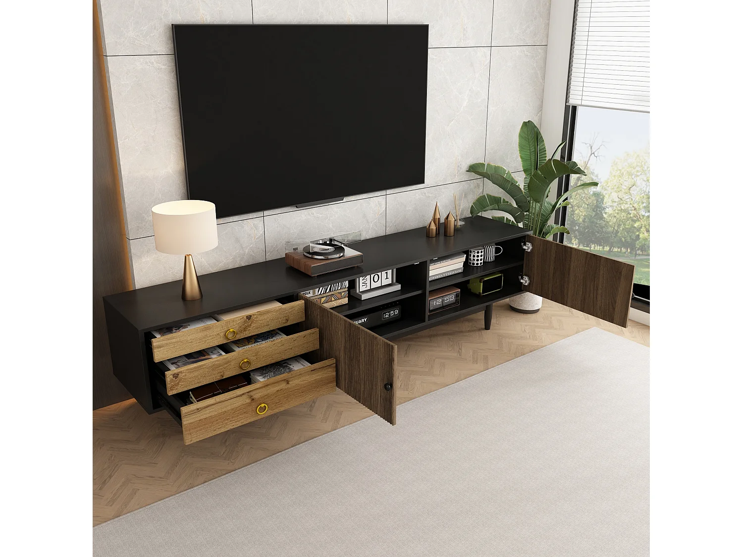 Meuble TV avec panneaux à vagues, 3 tiroirs, design en bois et noir, MDF (180x38x50 cm)