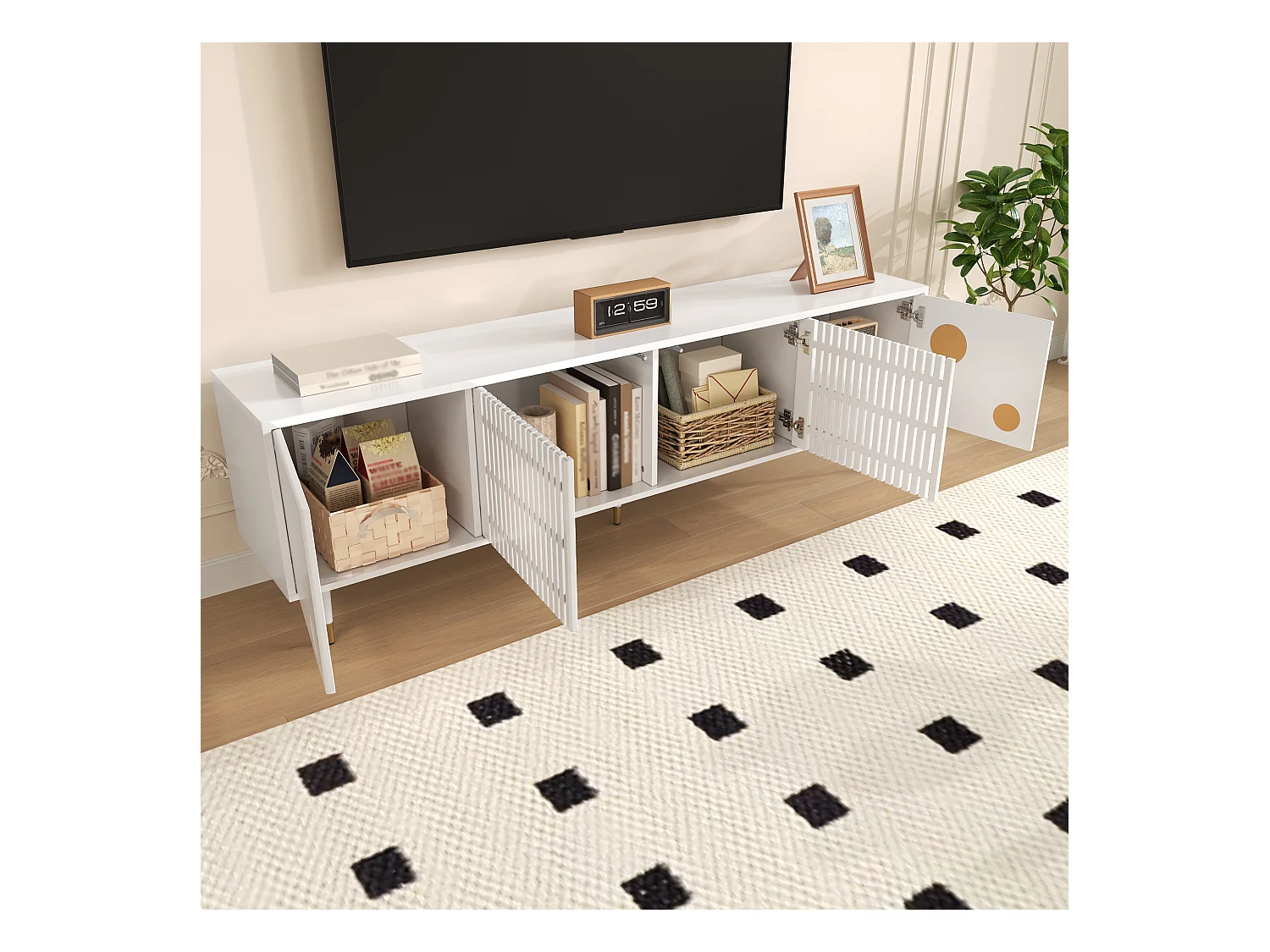 Szafka RTV z konstrukcją kratową - 170 x 36 x 54 cm - z 4 drzwiami - MDF - biała