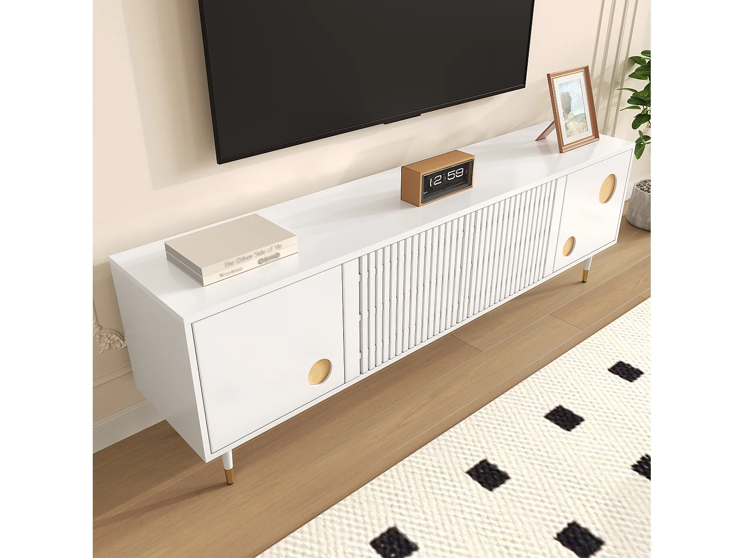 Szafka RTV z konstrukcją kratową - 170 x 36 x 54 cm - z 4 drzwiami - MDF - biała