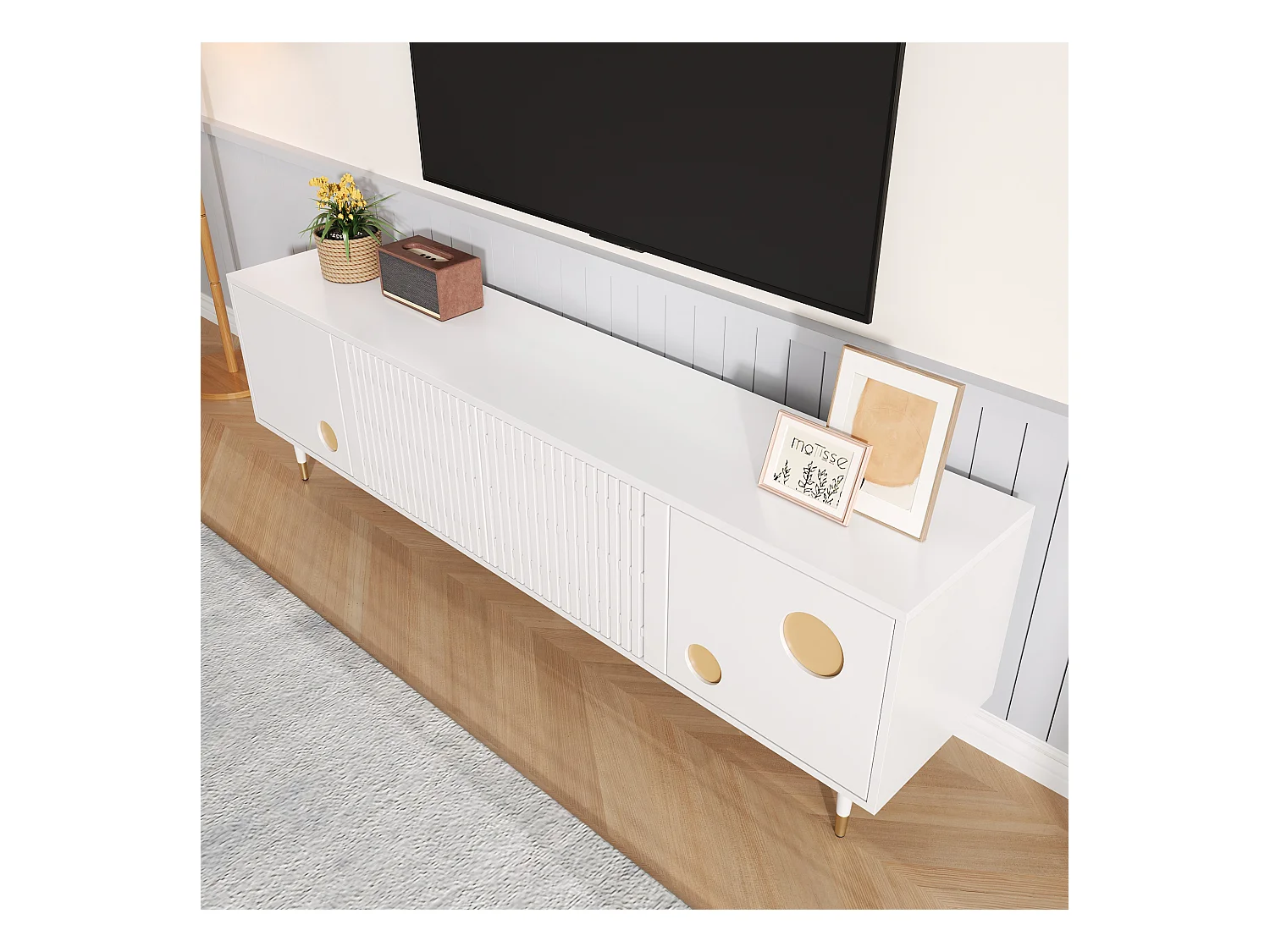Meuble TV avec structure en treillis - 170 x 36 x 54 cm - avec 4 portes - MDF - blanc