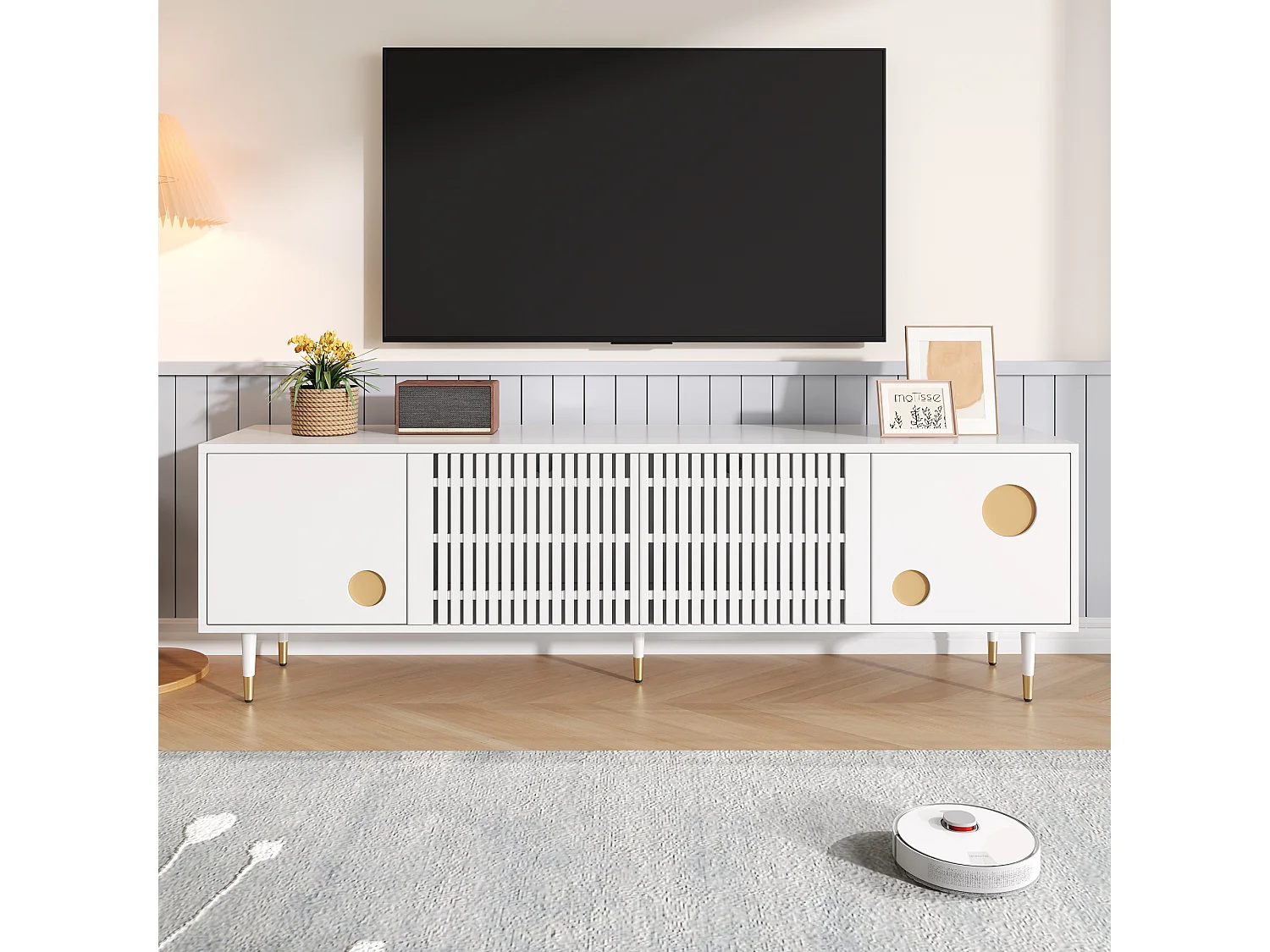Meuble TV avec structure en treillis - 170 x 36 x 54 cm - avec 4 portes - MDF - blanc