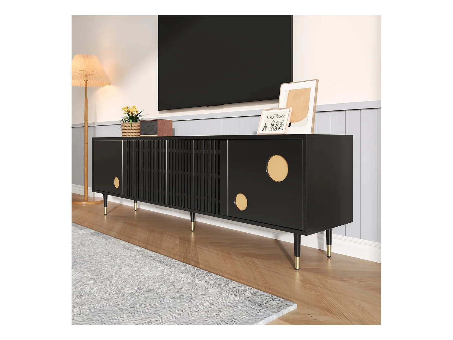 Meuble TV avec 3 portes, grilles décoratives, poignées et pieds dorés, MDF, noir (170x36x54 cm)