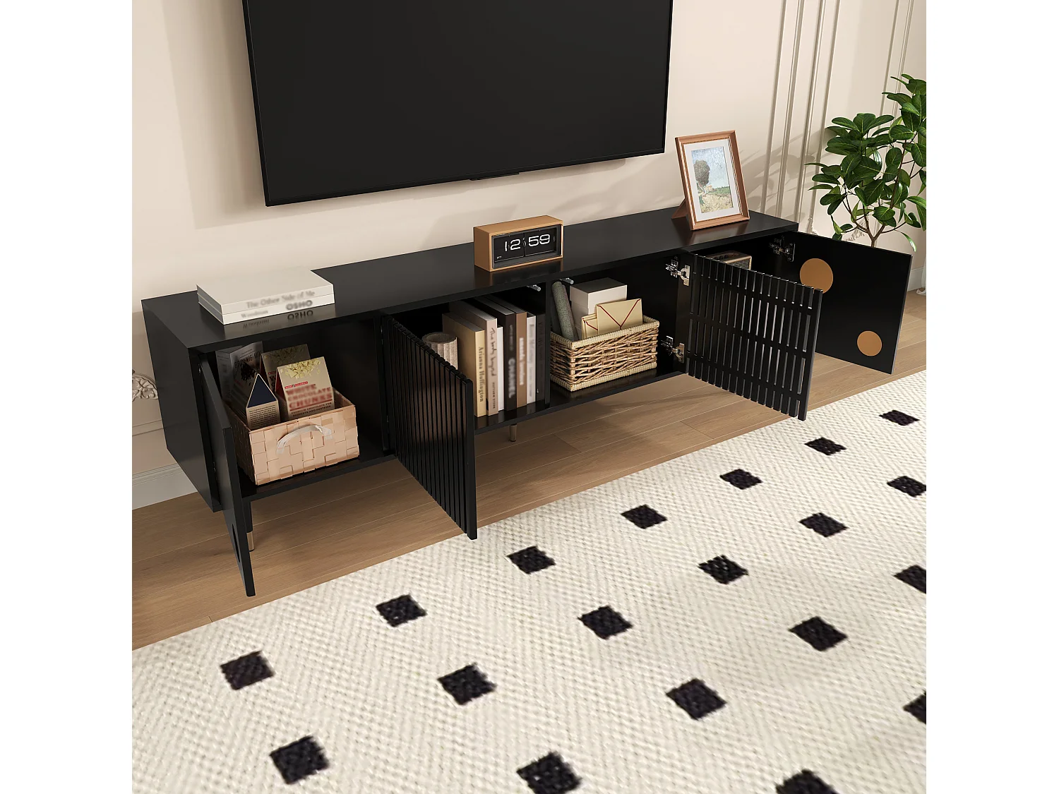 Meuble TV avec 3 portes, grilles décoratives, poignées et pieds dorés, MDF, noir (170x36x54 cm)