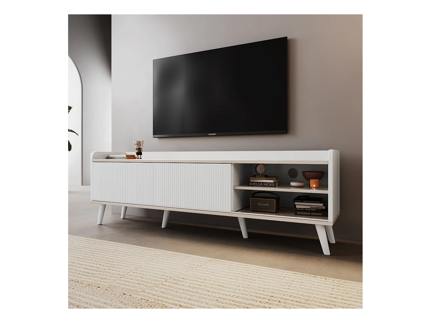 Meuble TV avec 2 tiroirs et 2 portes coulissantes - style moderne - aggloméré - blanc