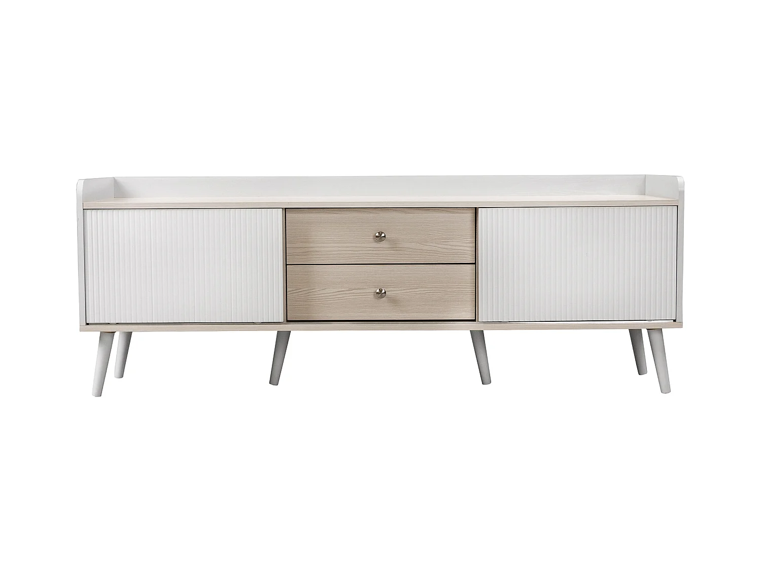 Szafka RTV z 2 szufladami i 2 drzwiami przesuwnymi - styl nowoczesny - płyta wiórowa - biała