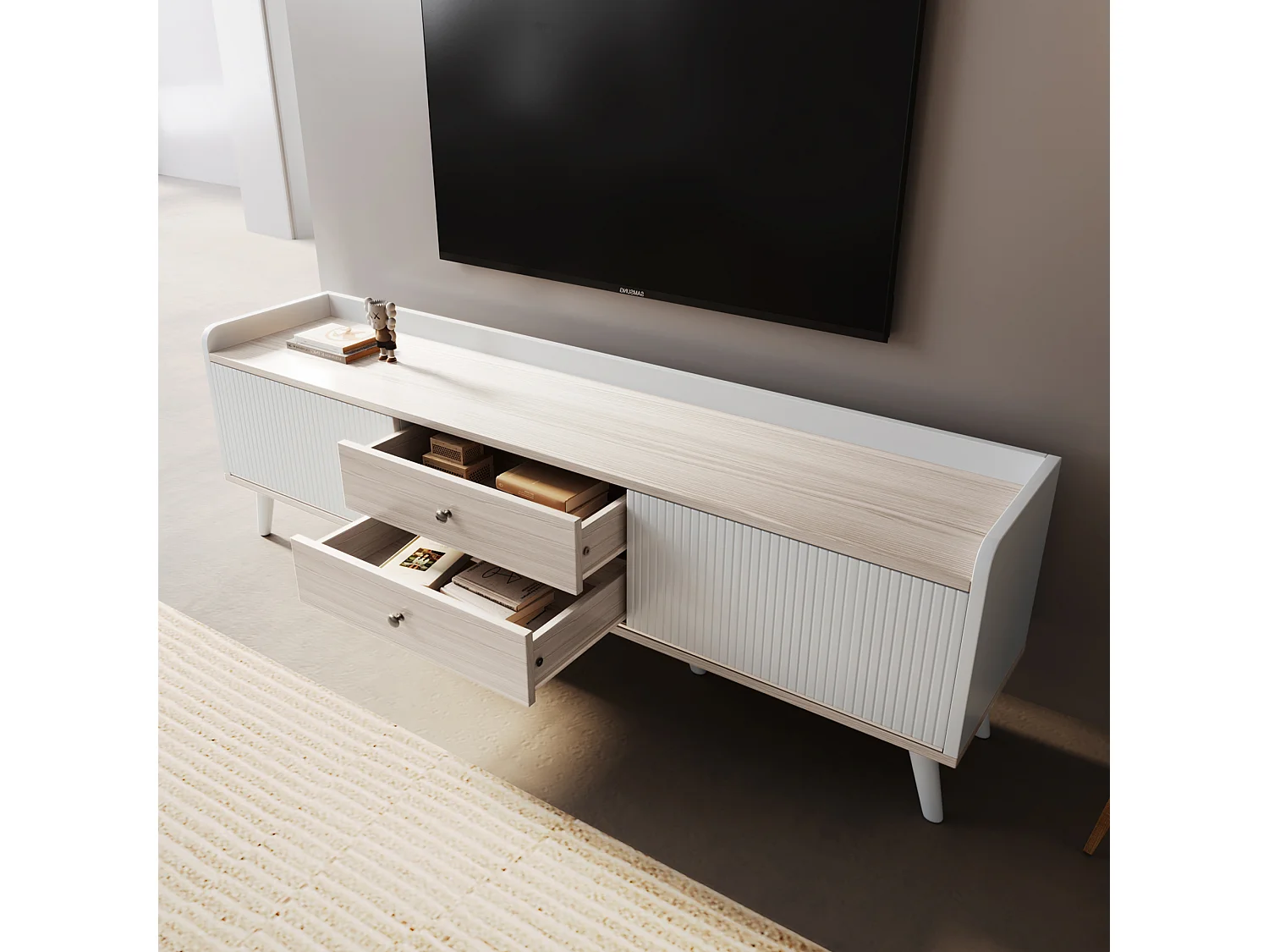 Meuble TV avec 2 tiroirs et 2 portes coulissantes - style moderne - aggloméré - blanc