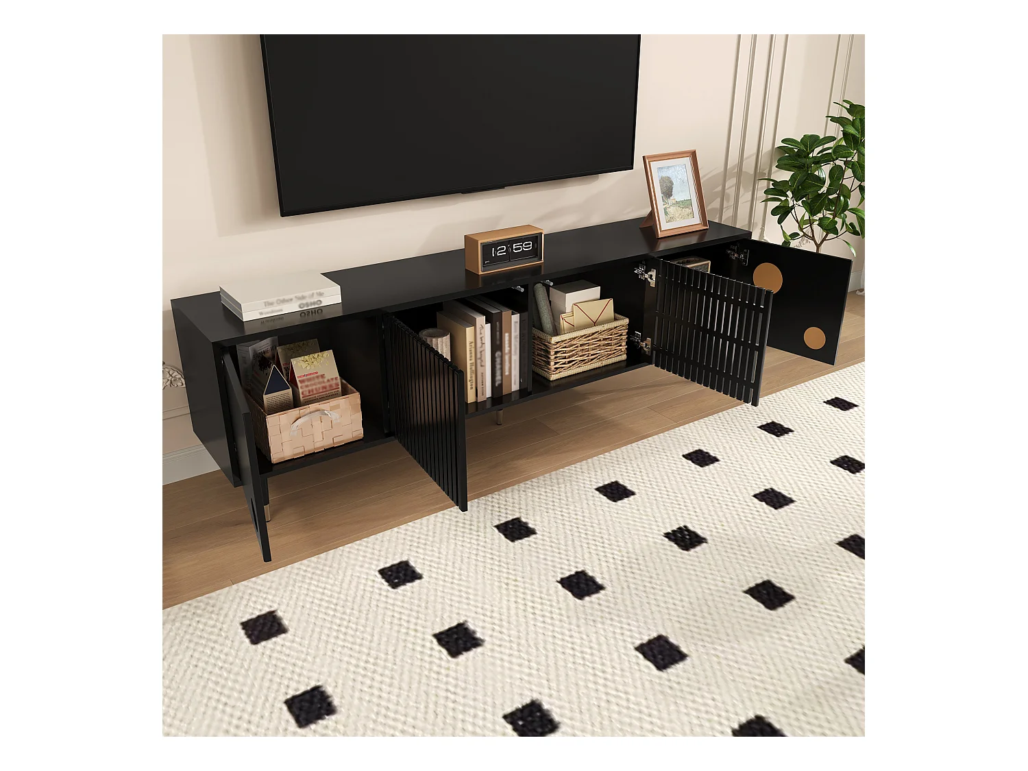 Mobile TV con struttura a traliccio - 170 x 36 x 54 cm - con 4 ante - MDF - nero