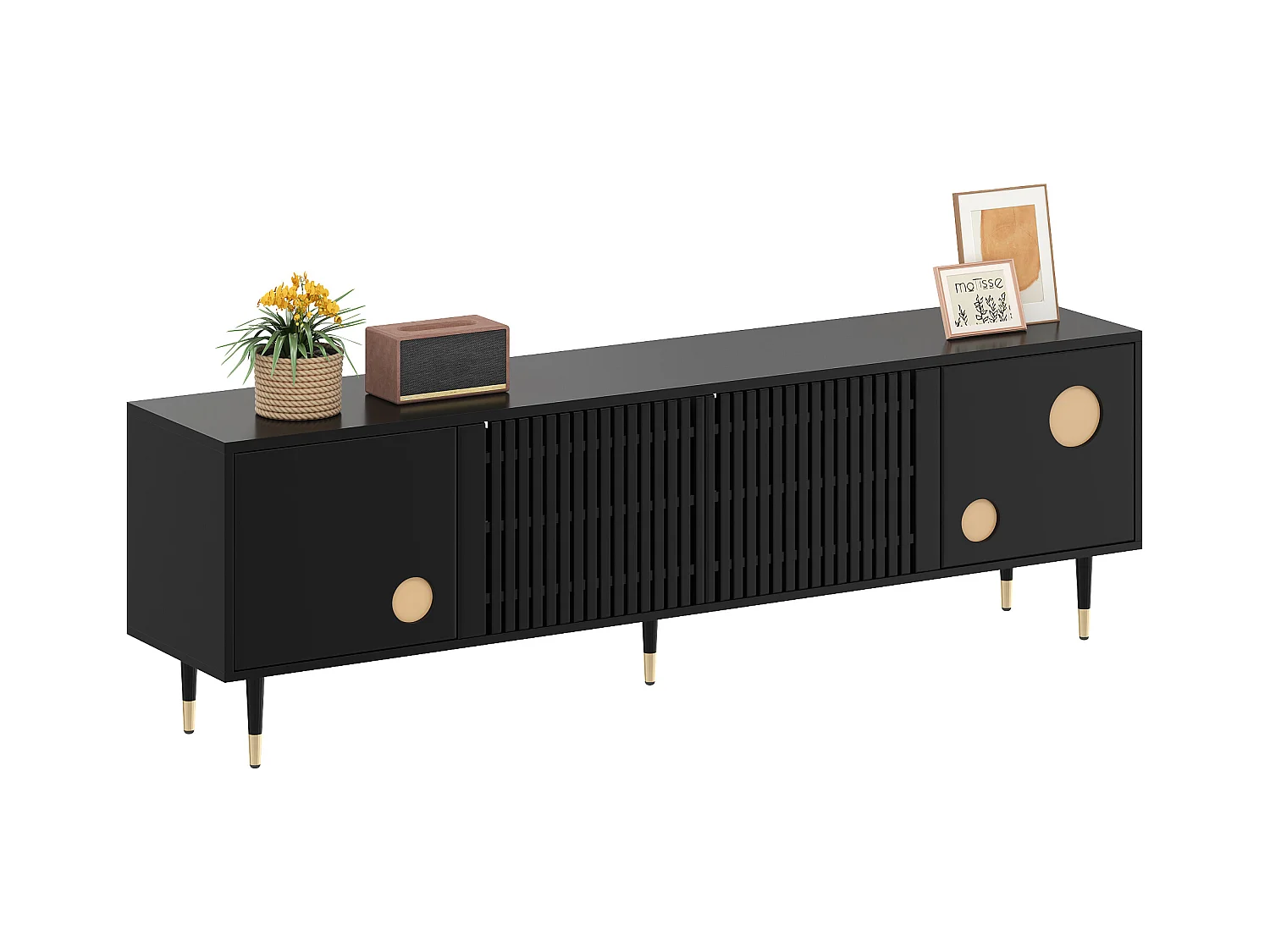 TV-Schrank mit Gitterstruktur - 170 x 36 x 54 cm - mit 4 Türen - MDF - schwarz