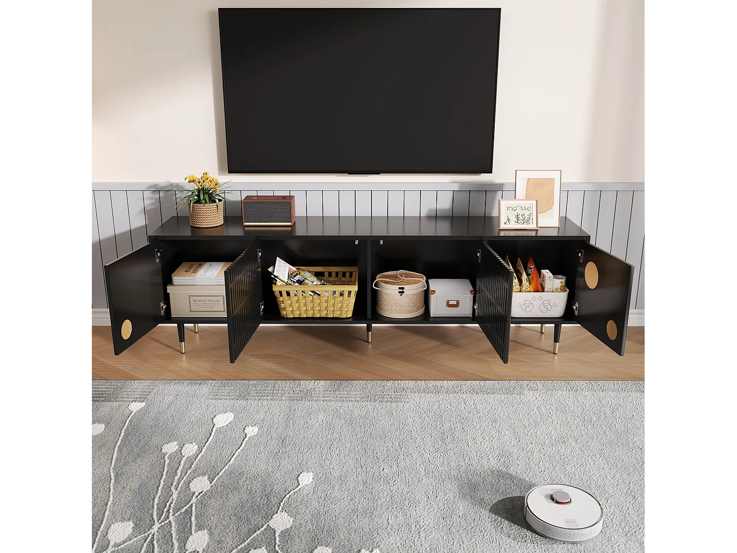 TV-meubel met traliewerk - 170 x 36 x 54 cm - met 4 deuren - MDF - zwart