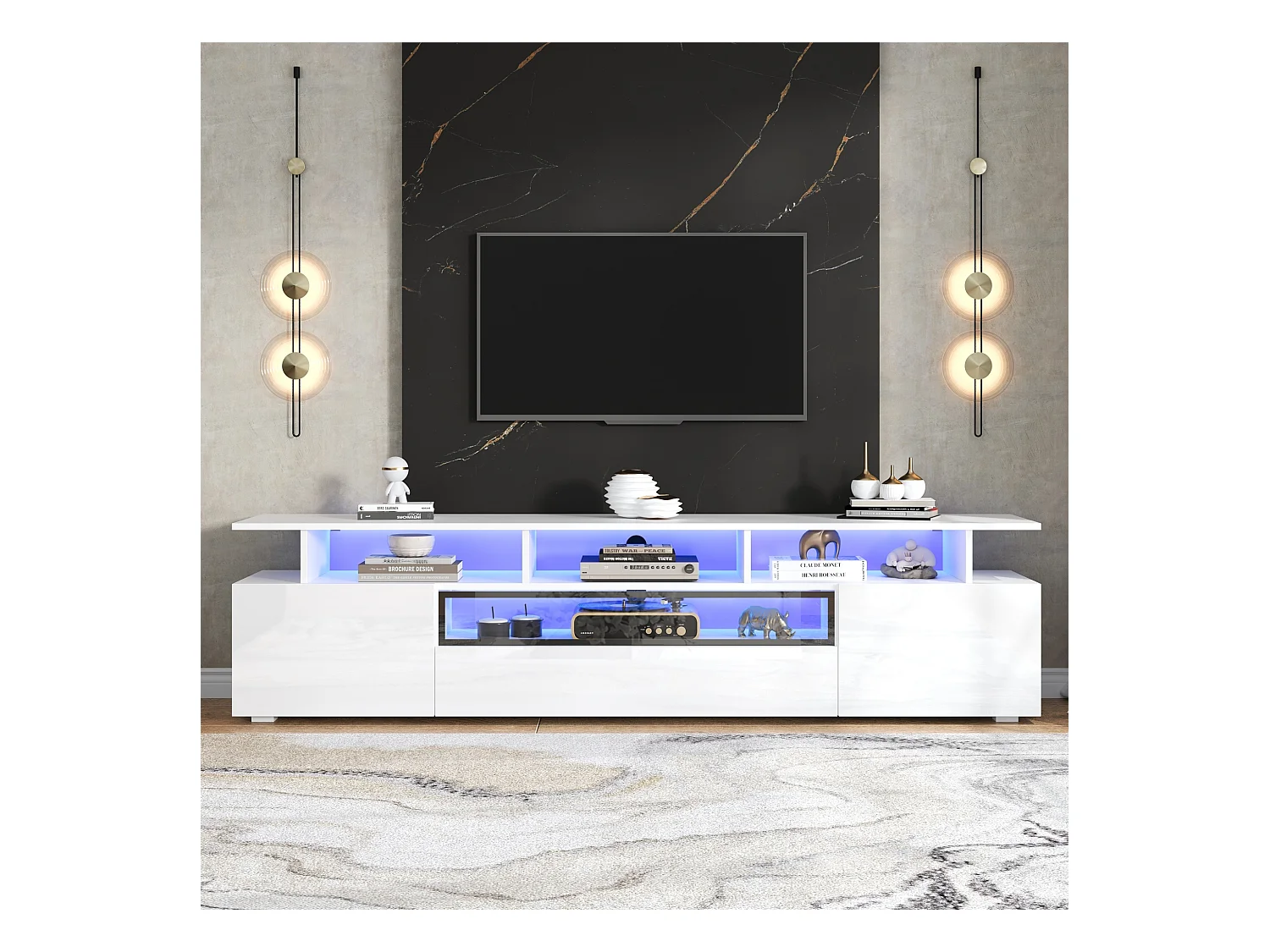 Glanzende tv-kast - 180 x 38 x 45 cm - met 2 deuren + 1 lade + LED's - spaanplaat - wit