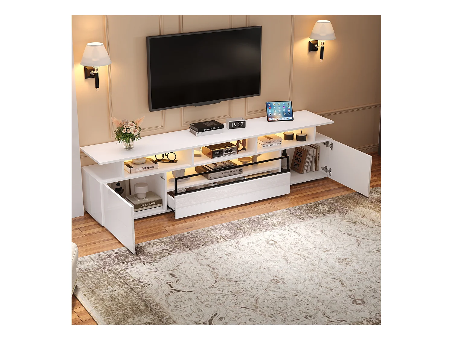 Glanzende tv-kast - 180 x 38 x 45 cm - met 2 deuren + 1 lade + LED's - spaanplaat - wit