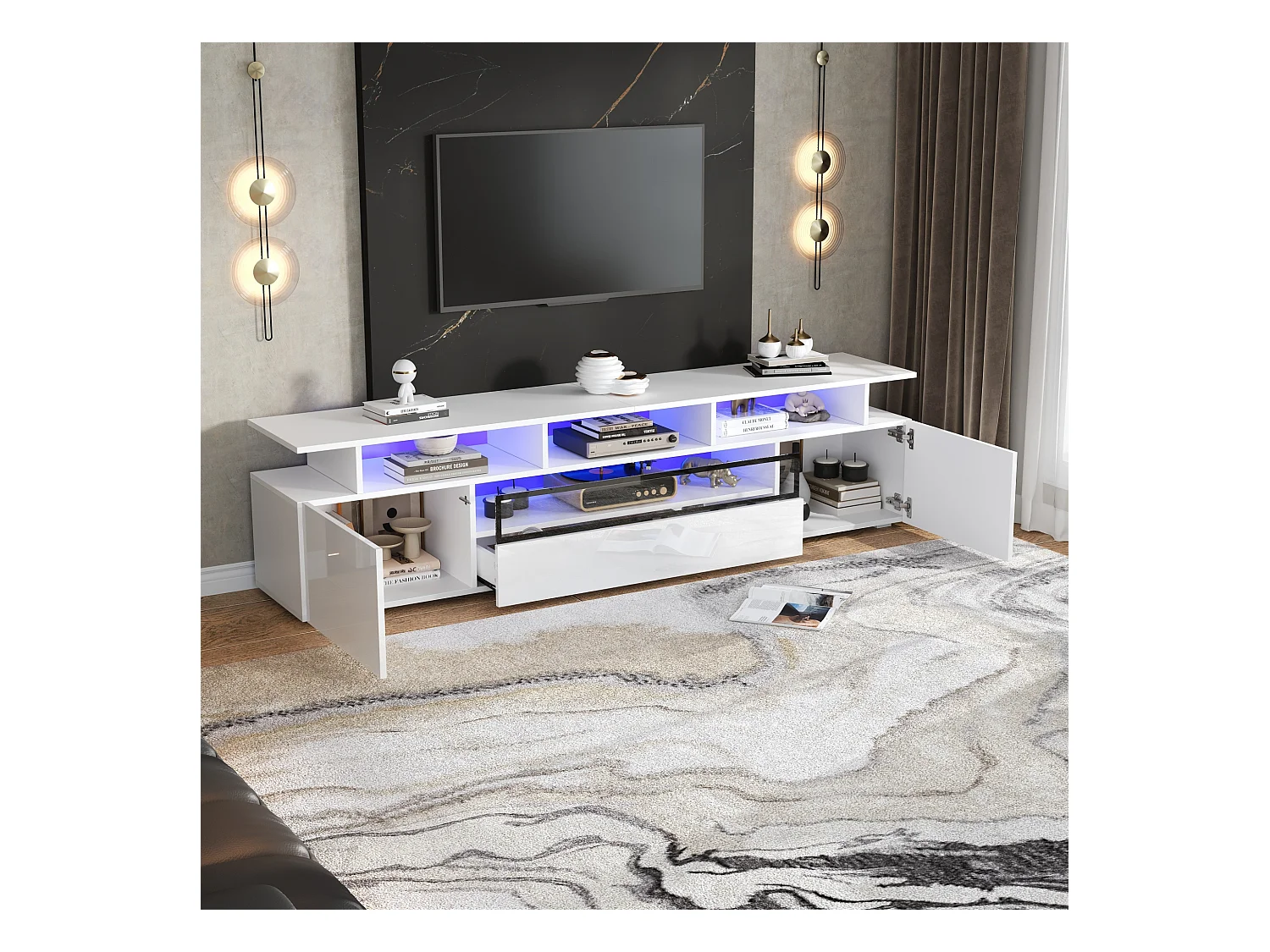 Glanzende tv-kast - 180 x 38 x 45 cm - met 2 deuren + 1 lade + LED's - spaanplaat - wit