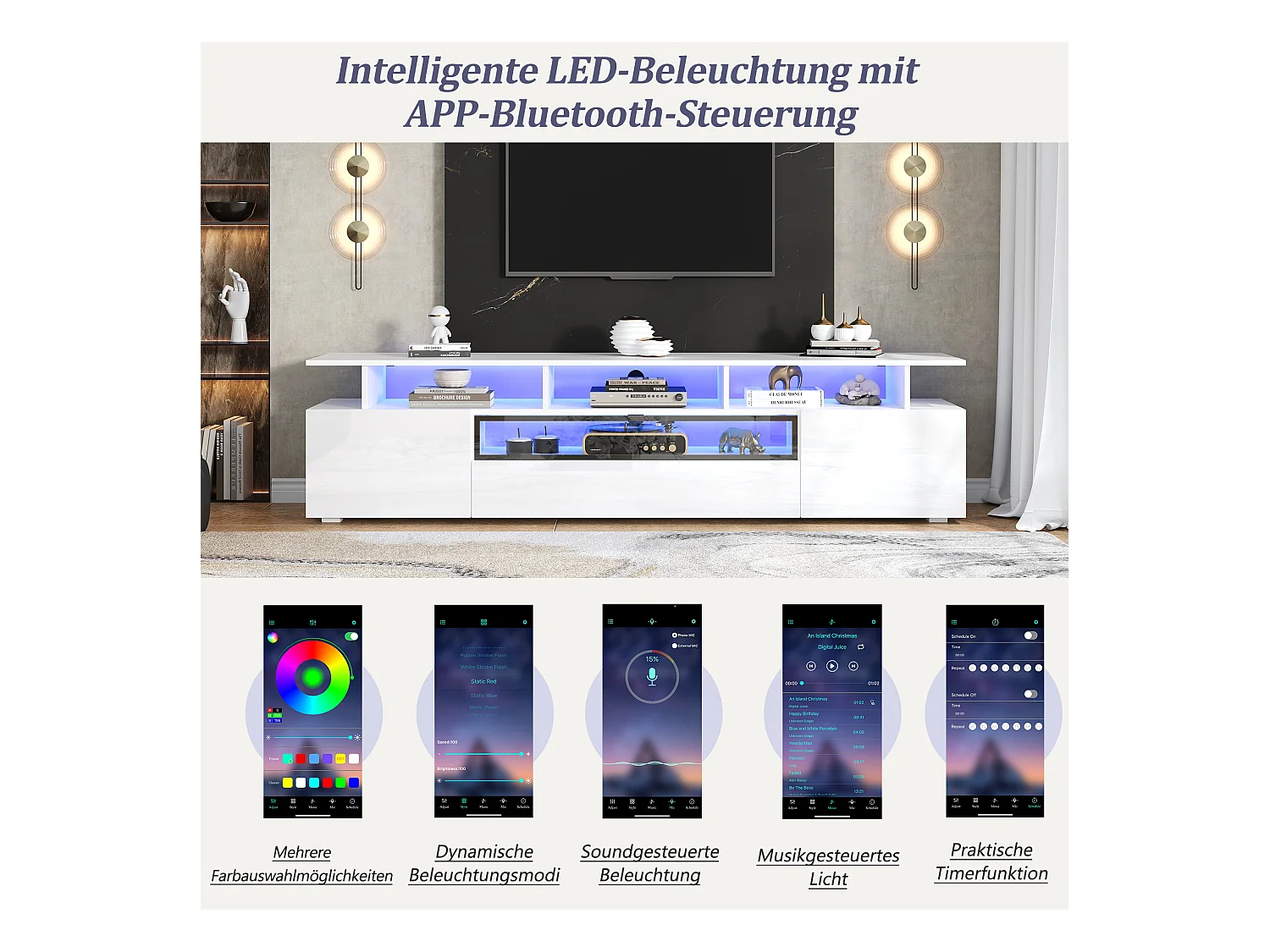 Glanzende tv-kast - 180 x 38 x 45 cm - met 2 deuren + 1 lade + LED's - spaanplaat - wit