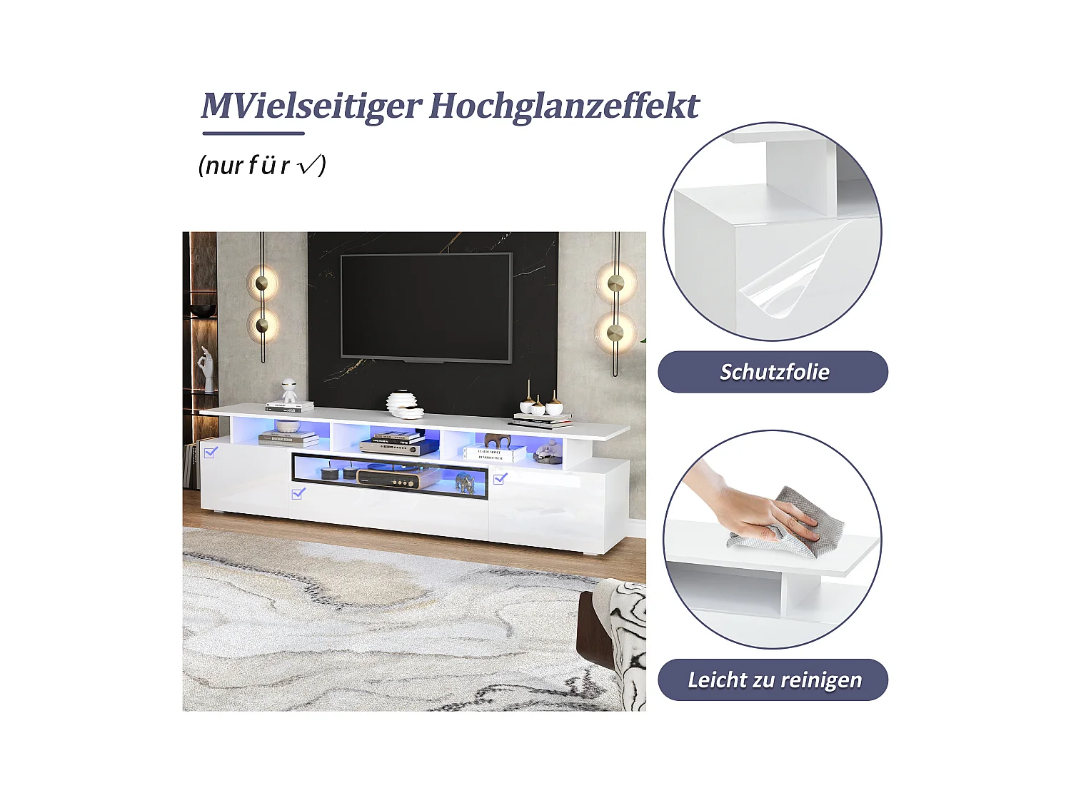 Glanzende tv-kast - 180 x 38 x 45 cm - met 2 deuren + 1 lade + LED's - spaanplaat - wit