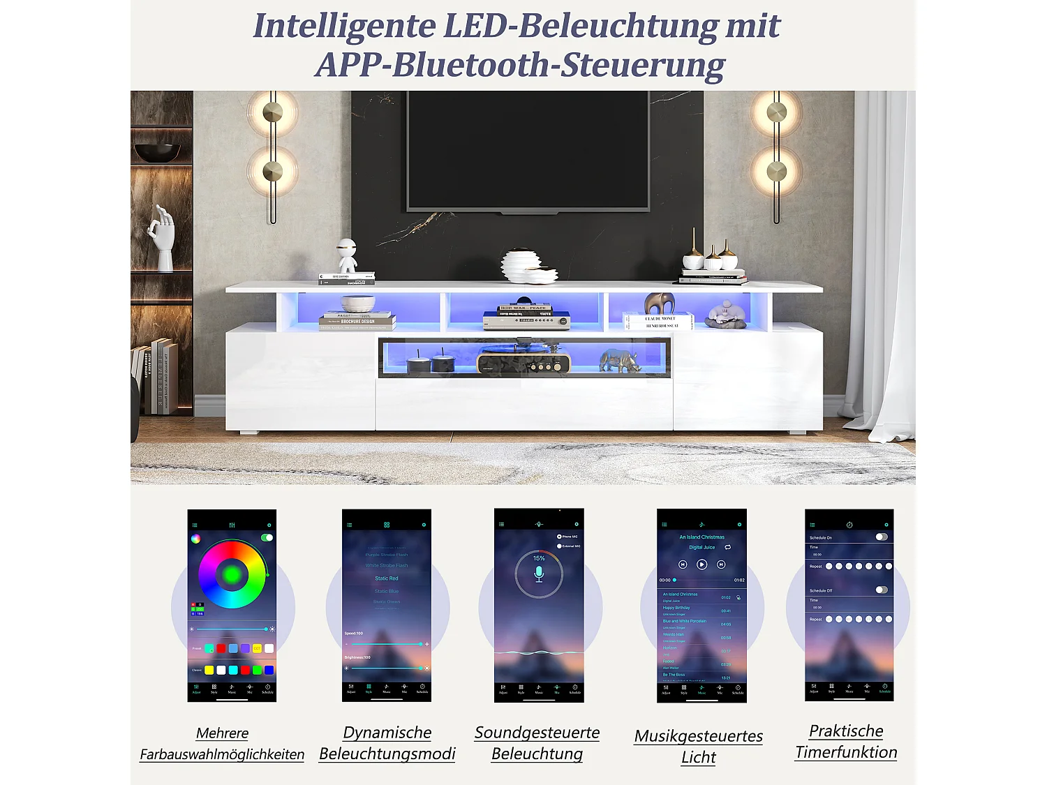 Hochglanz-TV-Schrank – 180 x 38 x 45 cm – mit 2 Türen + 1 Schublade + LEDs – Spanplatte – weiß