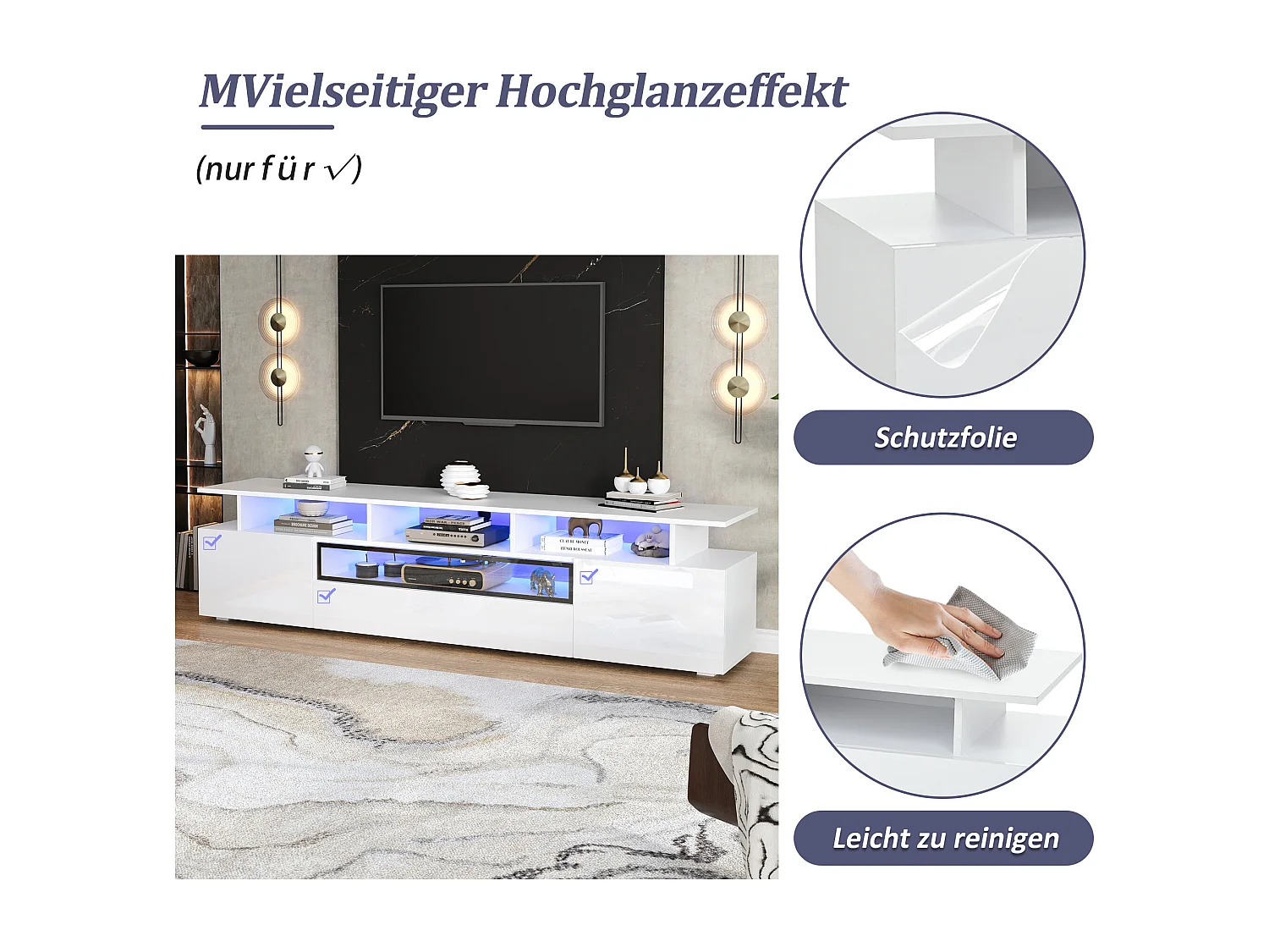 Hochglanz-TV-Schrank – 180 x 38 x 45 cm – mit 2 Türen + 1 Schublade + LEDs – Spanplatte – weiß