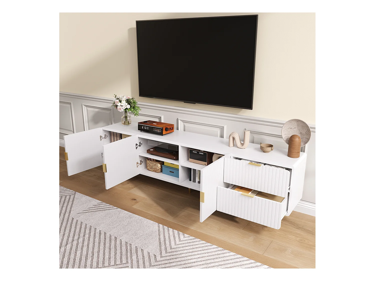 Meuble TV moderne - 170 x 35.5 x 55 cm - avec 2 tiroirs + 3 portes - pieds réglables - MDF - blanc