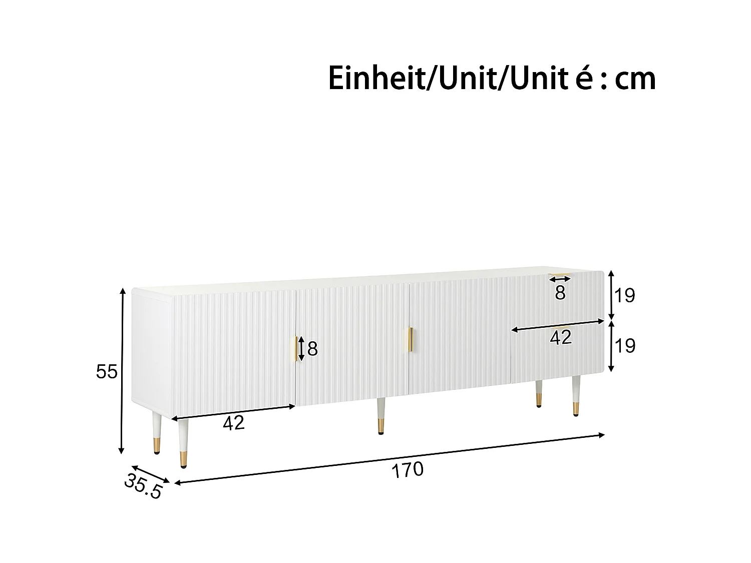 Meuble TV moderne - 170 x 35.5 x 55 cm - avec 2 tiroirs + 3 portes - pieds réglables - MDF - blanc