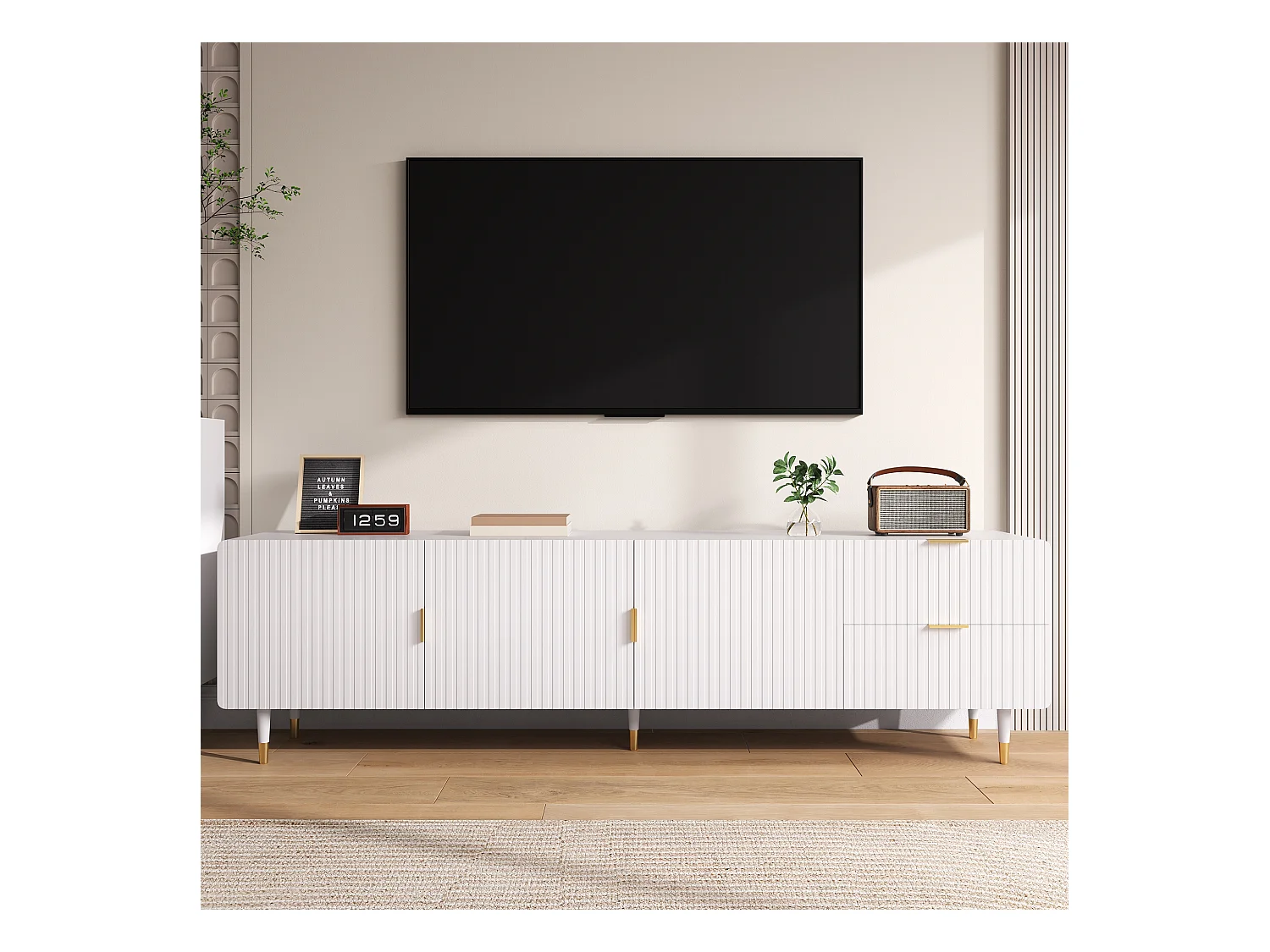 Meuble TV moderne - 170 x 35.5 x 55 cm - avec 2 tiroirs + 3 portes - pieds réglables - MDF - blanc