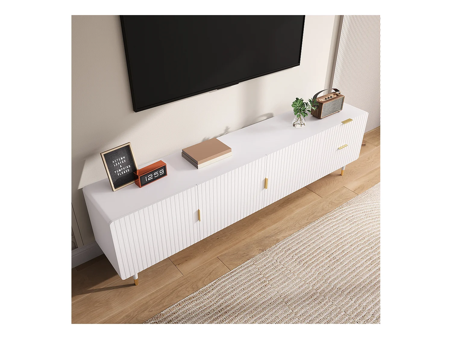 Mobile TV moderno - 170 x 35,5 x 55 cm - con 2 cassetti + 3 ante - piedini regolabili - MDF - bianco