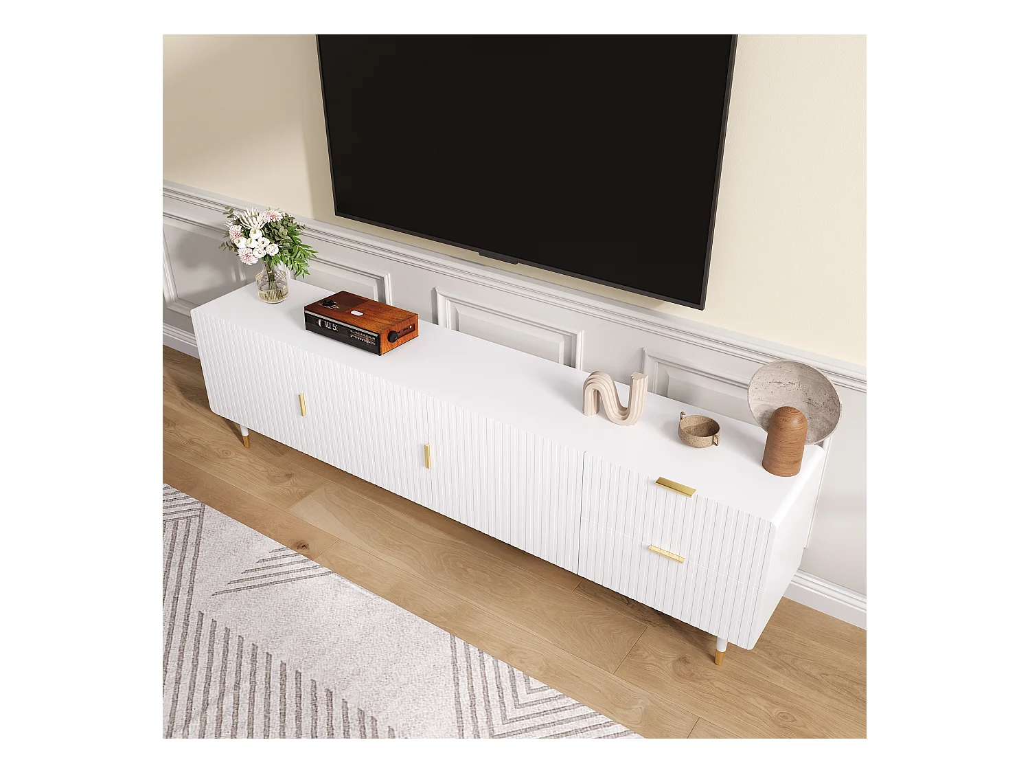 Mobile TV moderno - 170 x 35,5 x 55 cm - con 2 cassetti + 3 ante - piedini regolabili - MDF - bianco