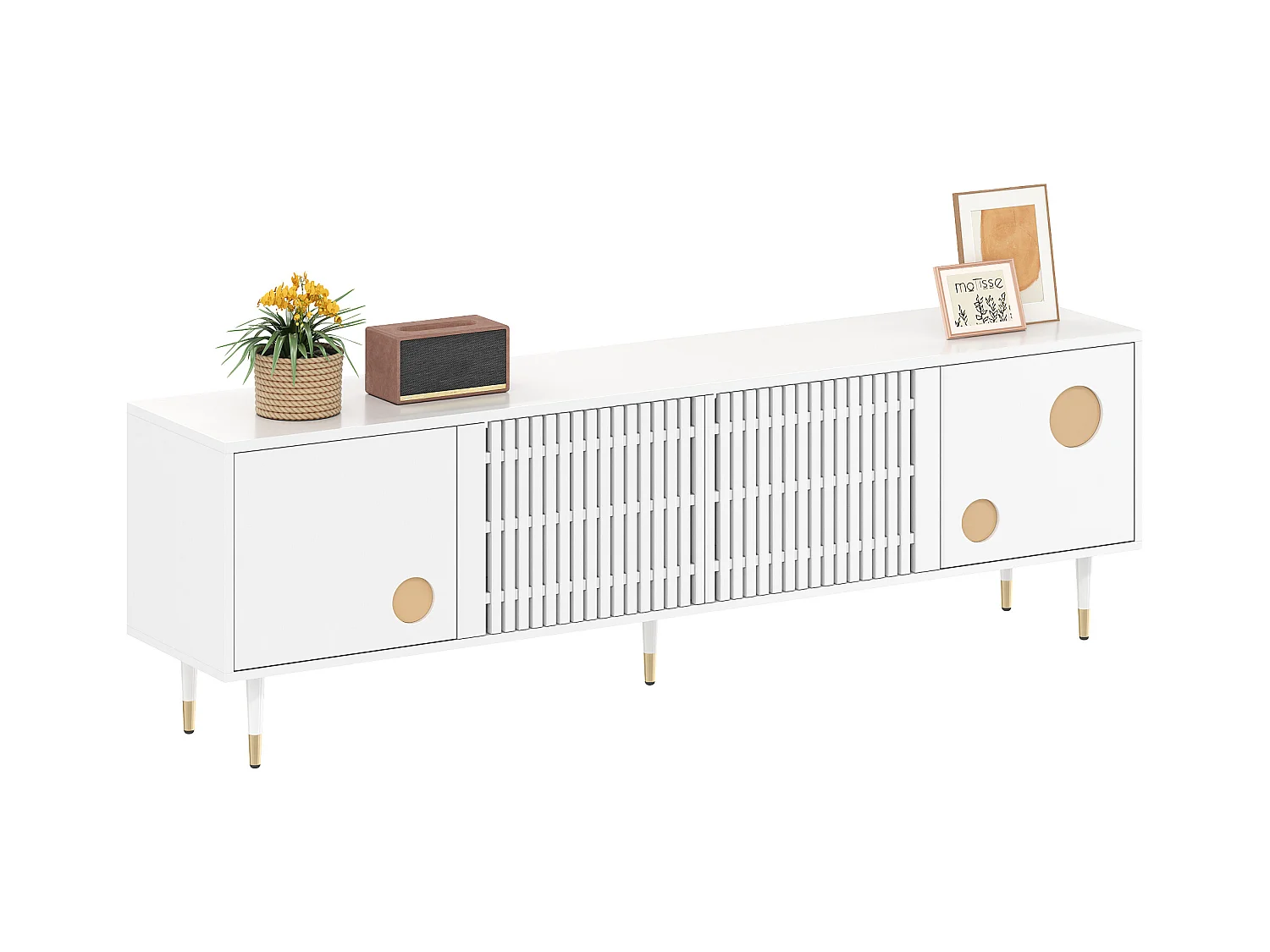 Meuble TV avec grilles, poignées cachées et accents dorés, MDF, blanc (170x36x54.5 cm)