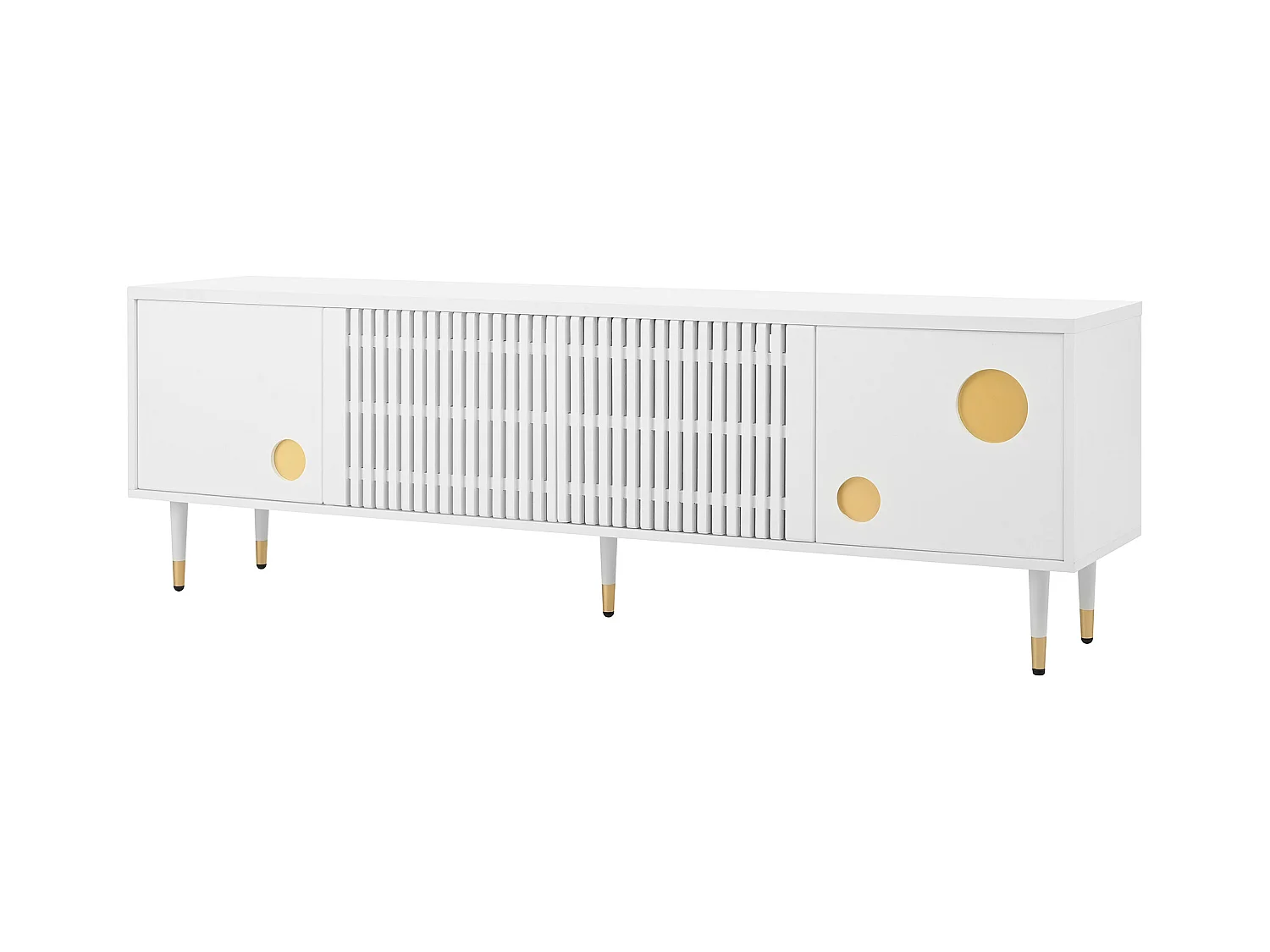 Meuble TV avec grilles, poignées cachées et accents dorés, MDF, blanc (170x36x54.5 cm)