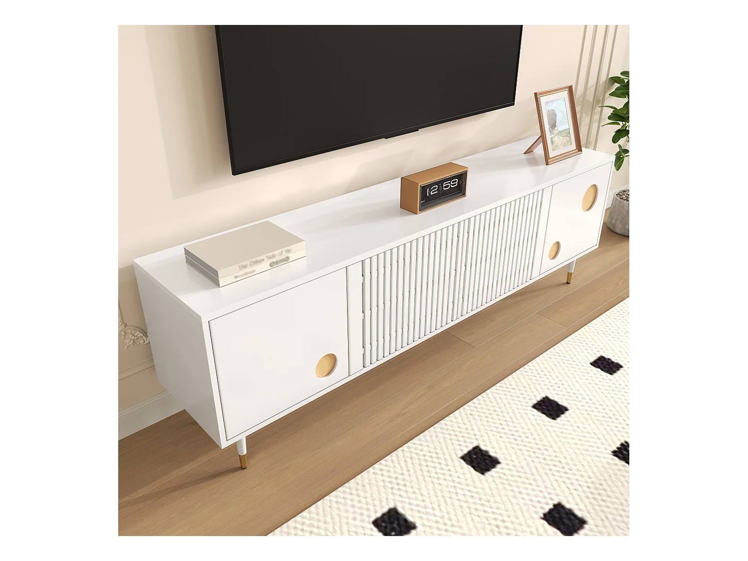 Meuble TV avec grilles, poignées cachées et accents dorés, MDF, blanc (170x36x54.5 cm)