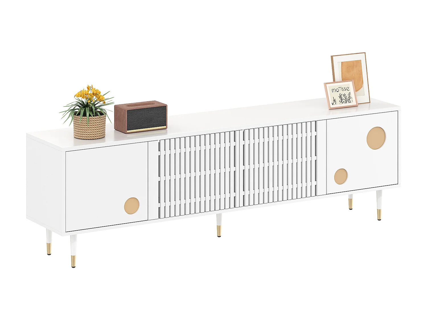 Meuble TV avec grilles, poignées cachées et accents dorés, MDF, blanc (170x36x54.5 cm)