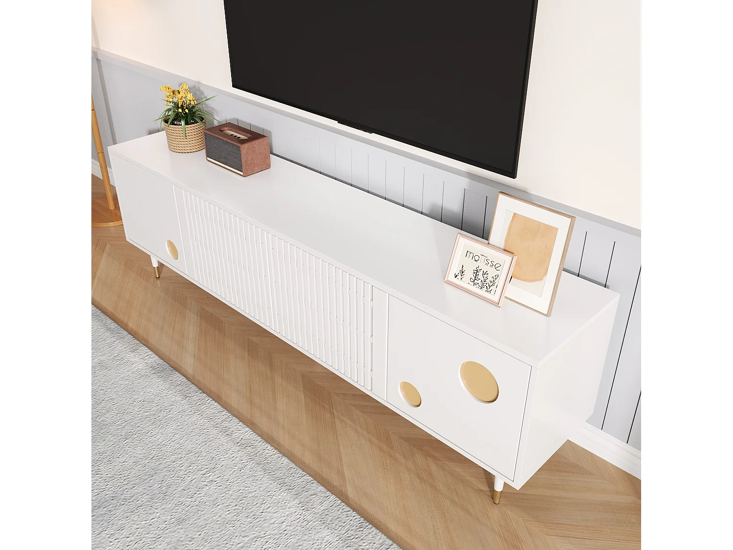 Meuble TV avec grilles, poignées cachées et accents dorés, MDF, blanc (170x36x54.5 cm)