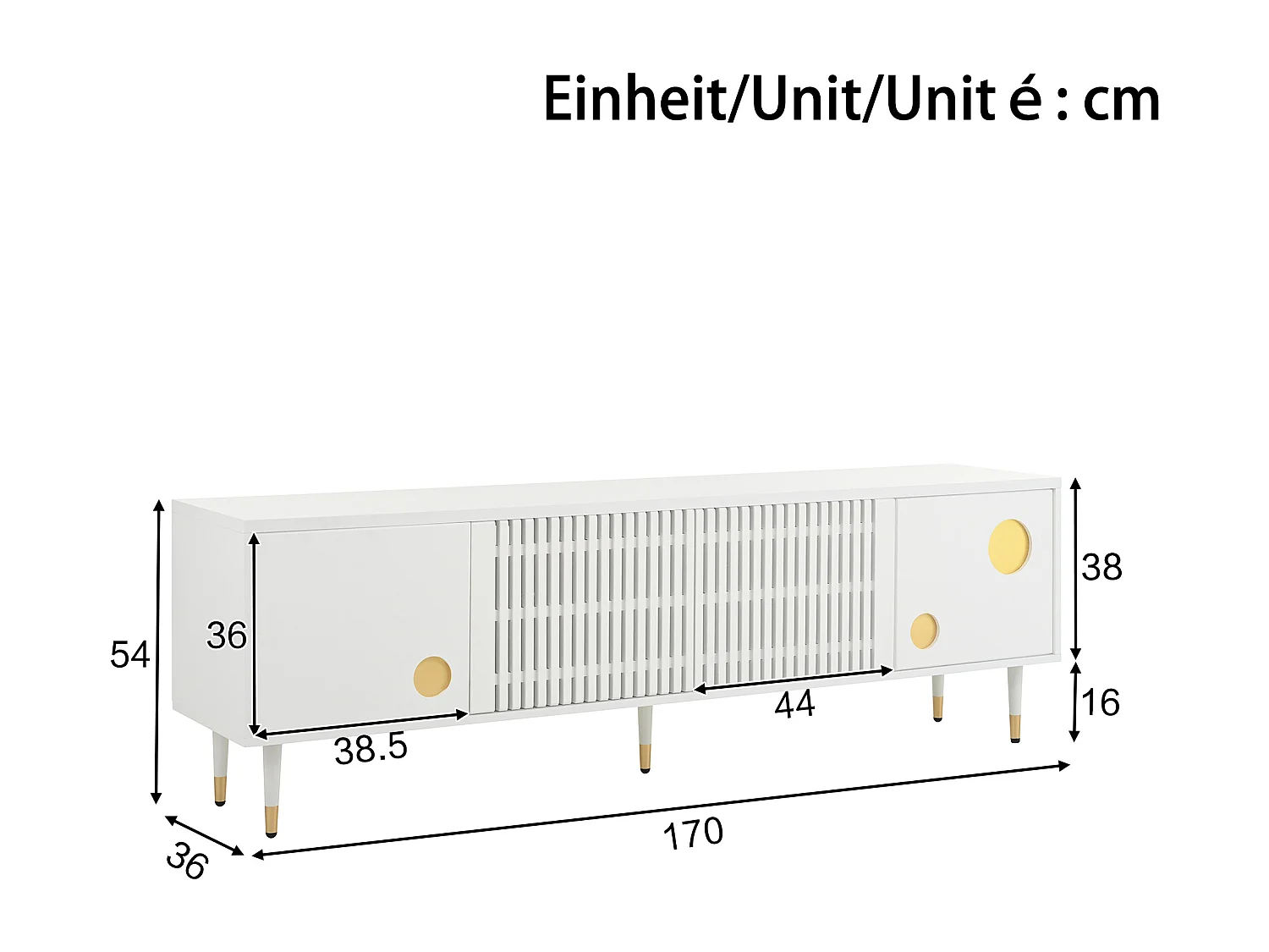 Meuble TV avec grilles, poignées cachées et accents dorés, MDF, blanc (170x36x54.5 cm)