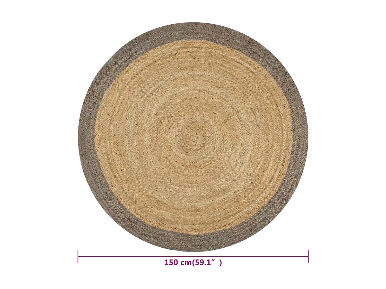 Handgefertigter Juteteppich mit grauem Rand, 150 cm