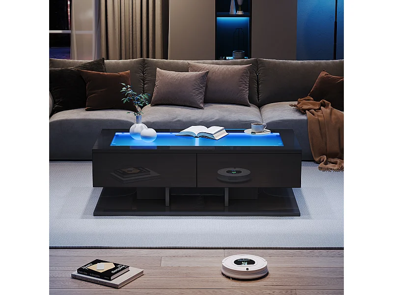 Salontafel met LED, glazen blad, 2 lades, hoogglans afwerking, zwart-wit (100x50x35,5 cm)
