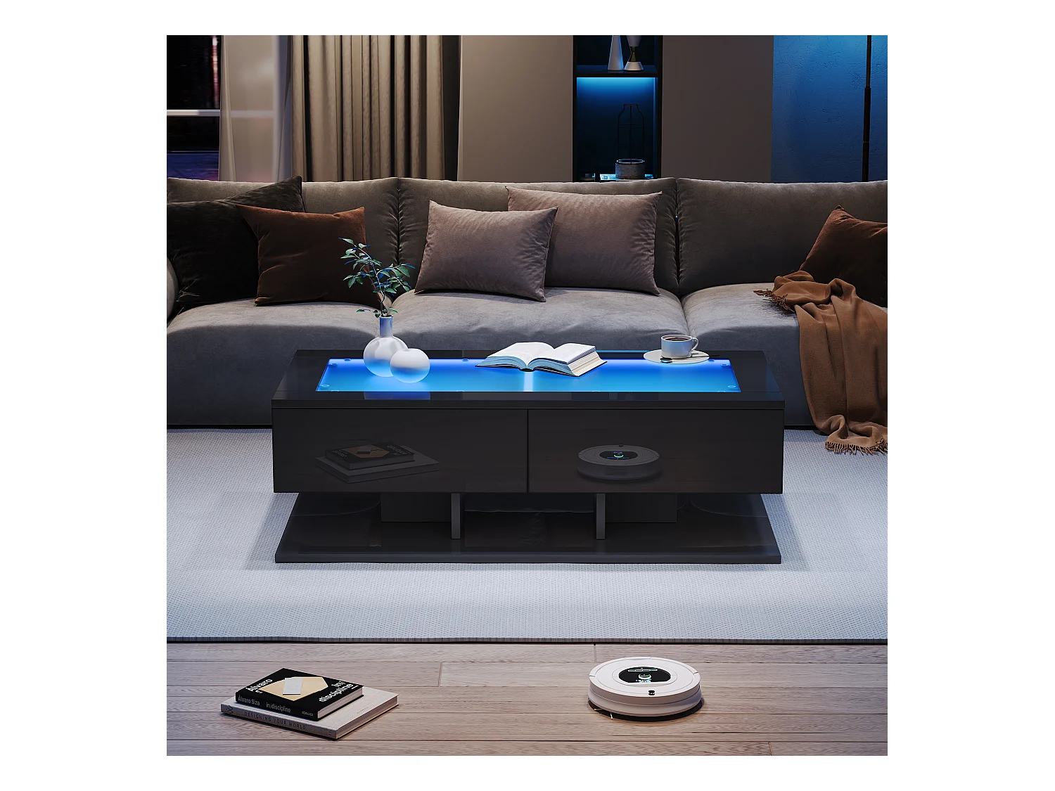 Salontafel met LED, glazen blad, 2 lades, hoogglans afwerking, zwart-wit (100x50x35,5 cm)