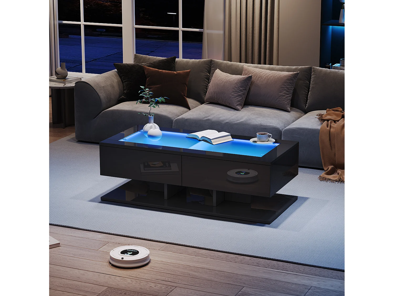 Salontafel met LED, glazen blad, 2 lades, hoogglans afwerking, zwart-wit (100x50x35,5 cm)