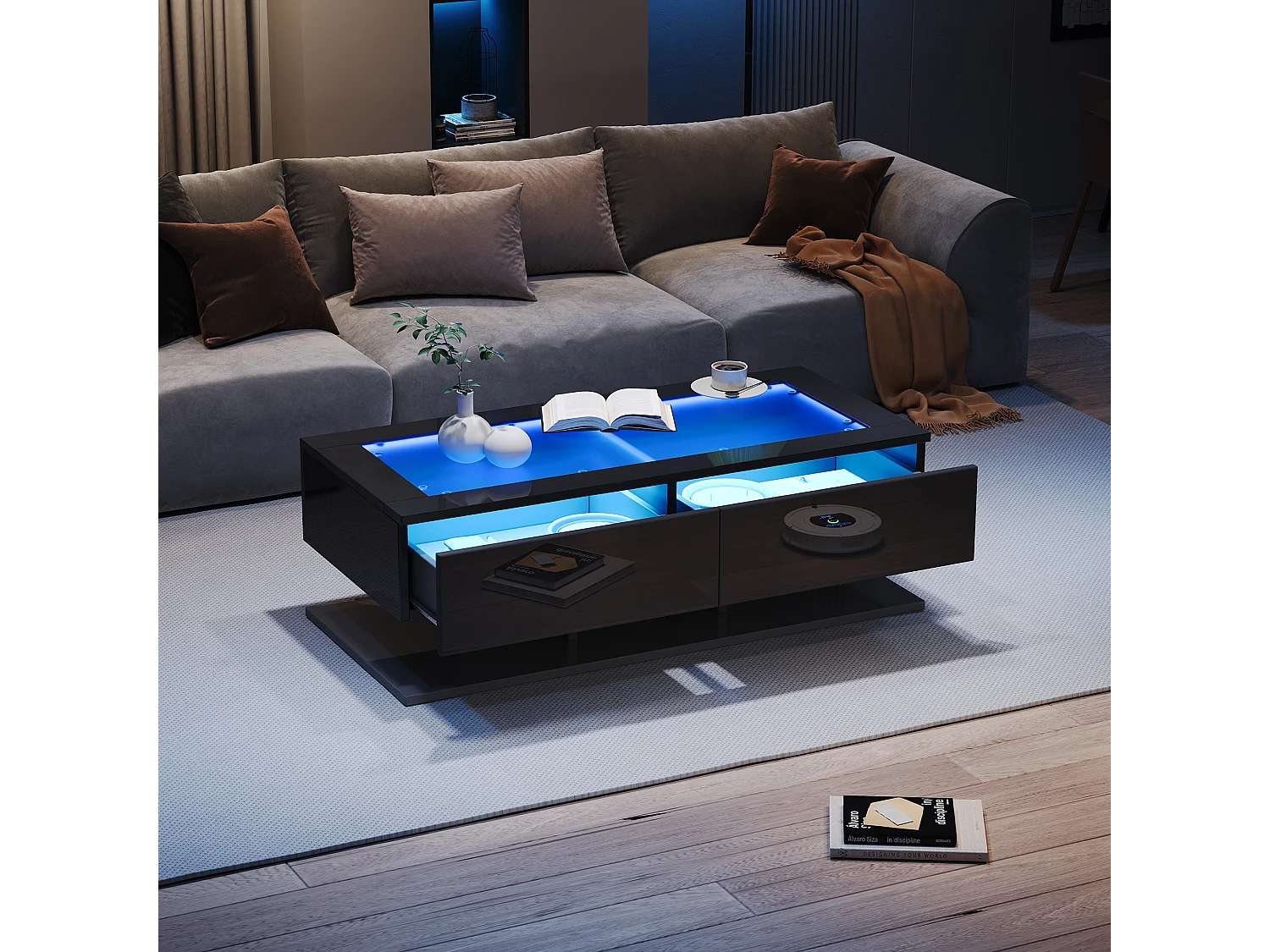 Salontafel met LED, glazen blad, 2 lades, hoogglans afwerking, zwart-wit (100x50x35,5 cm)